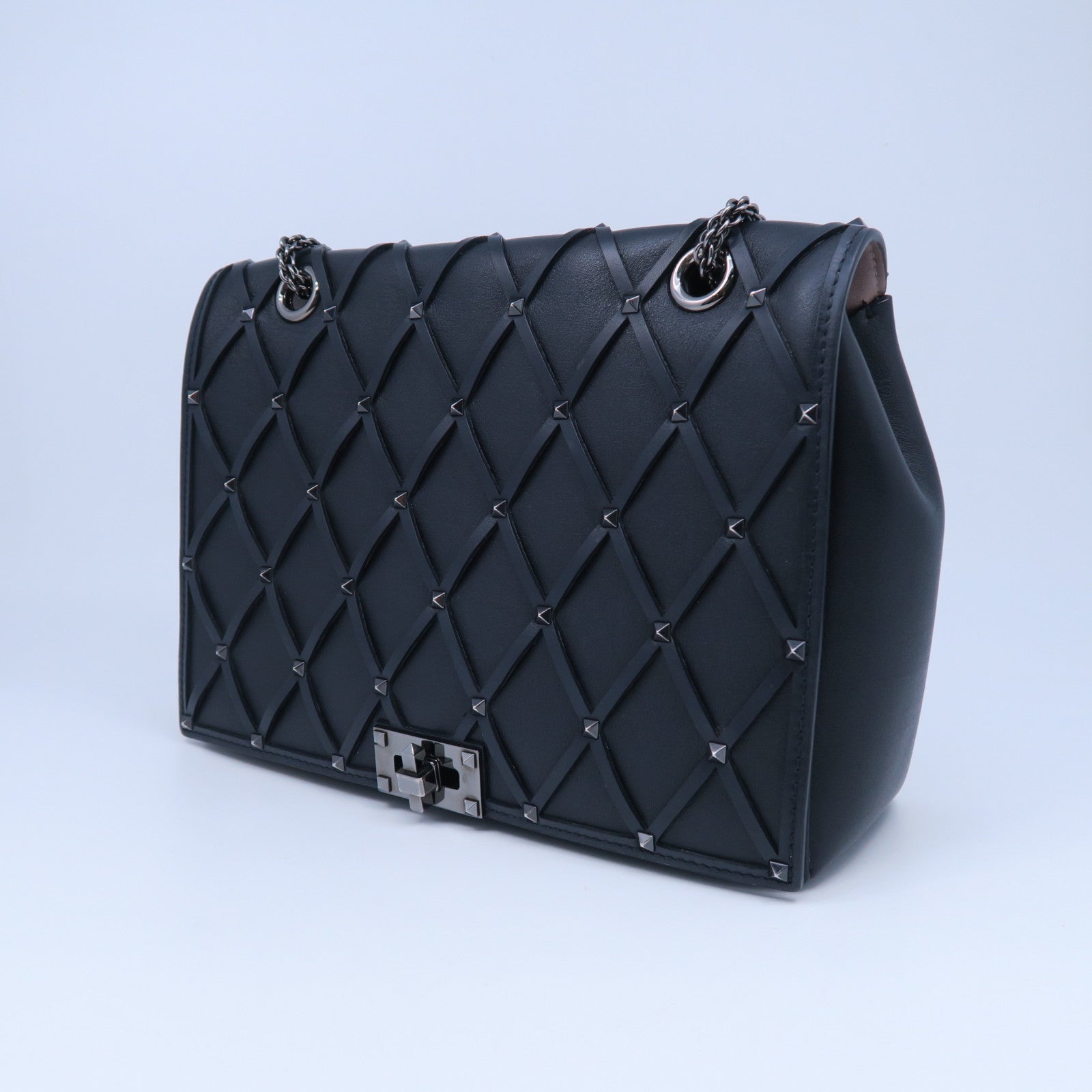 Valentino 牛皮皮革Chain Shoulder Bag銀扣鏈帶肩背袋黑色