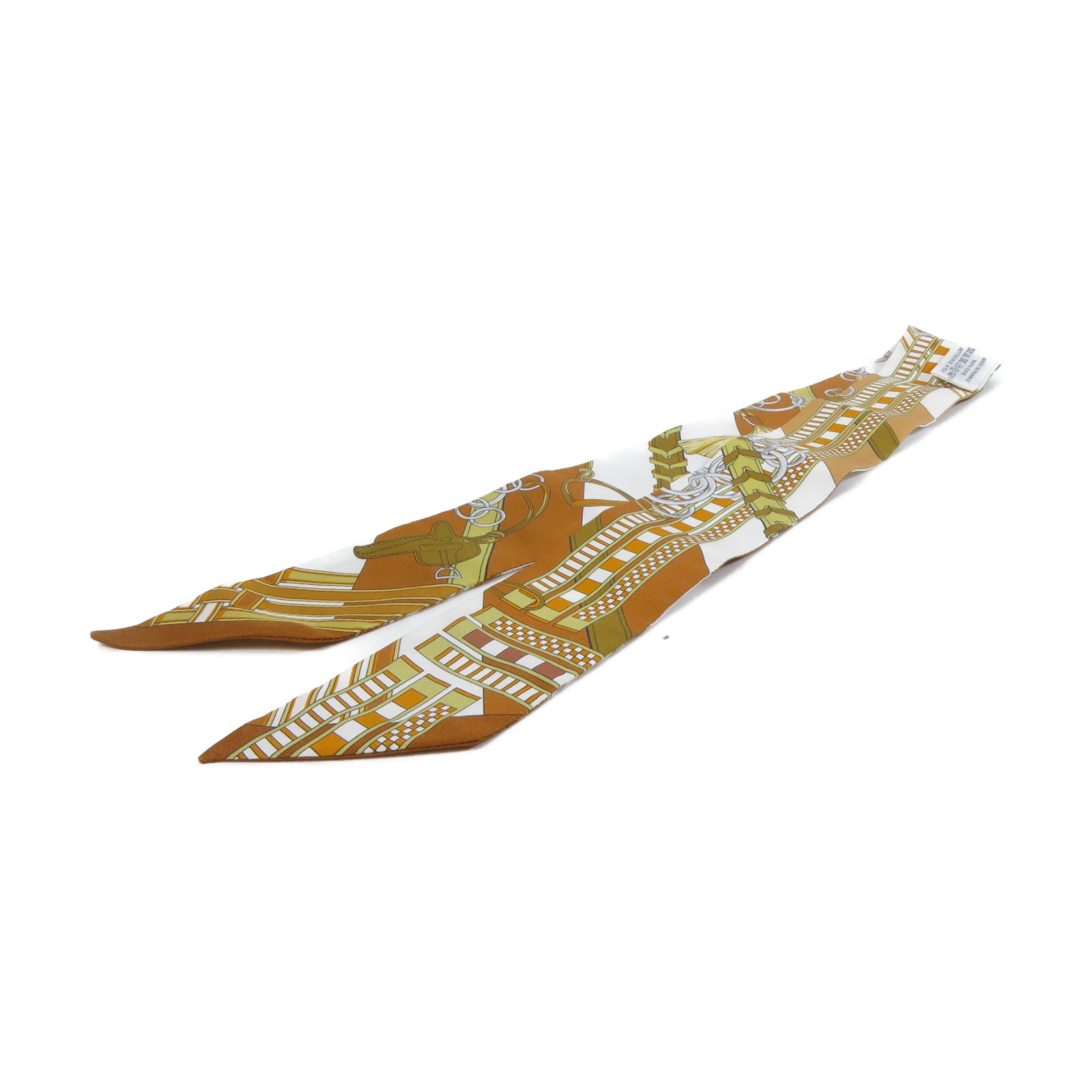 HERMES 絲質Twilly絲巾Gold經典駝色/白色