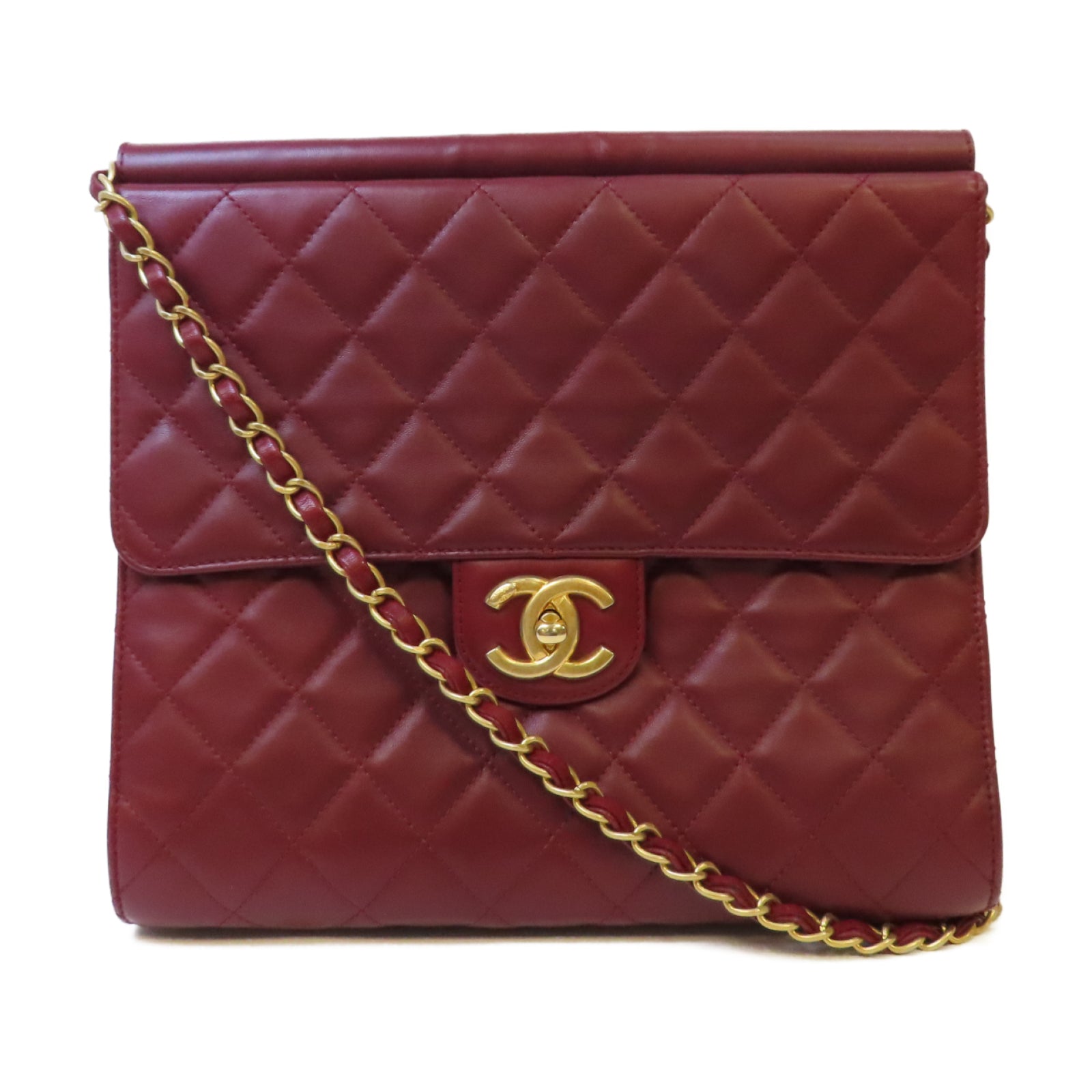 CHANEL 菱格羊皮皮革Chain Shoulder Bag金扣鏈帶肩背袋紅色