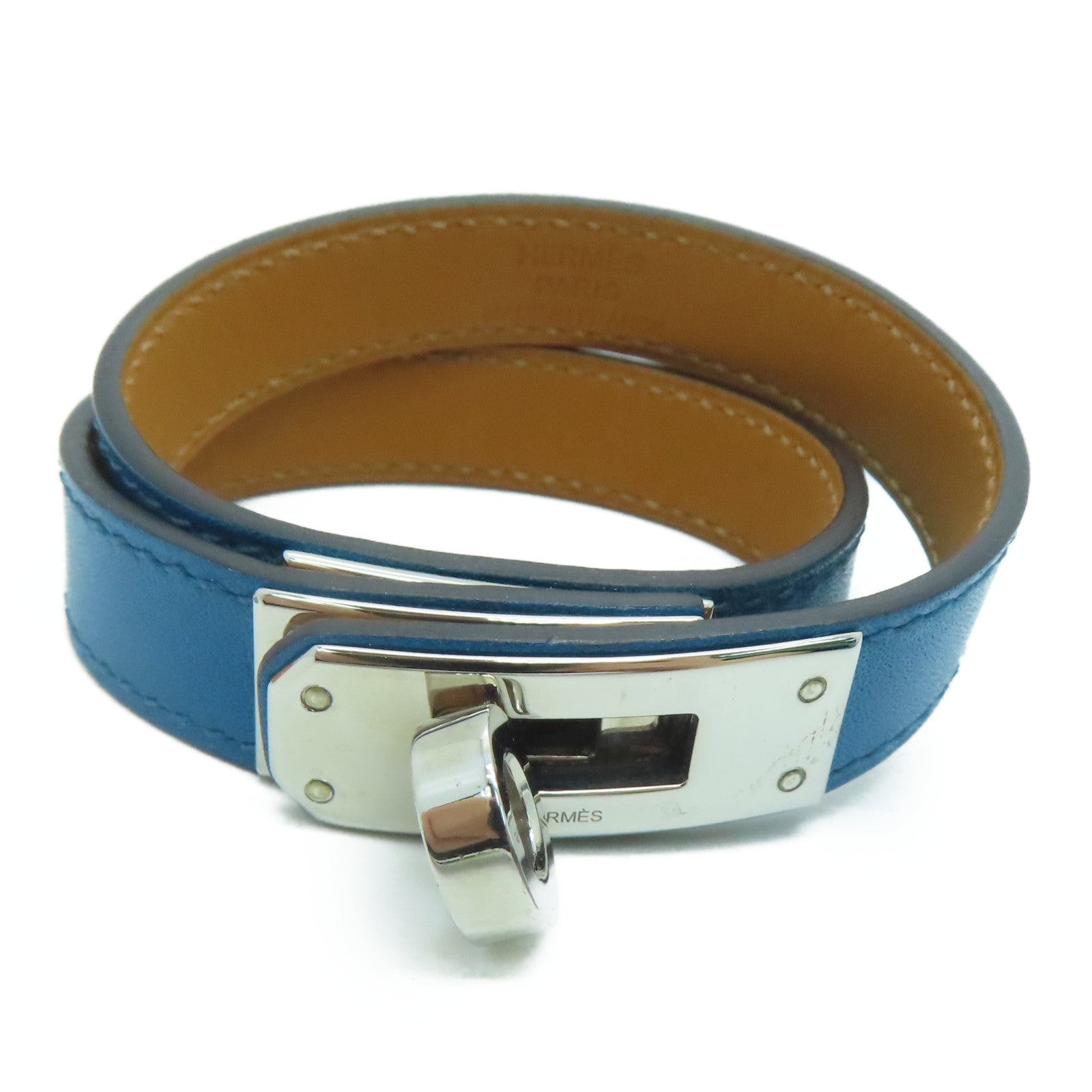 HERMES Swift皮革Kelly Double Toyr银扣手链蓝色