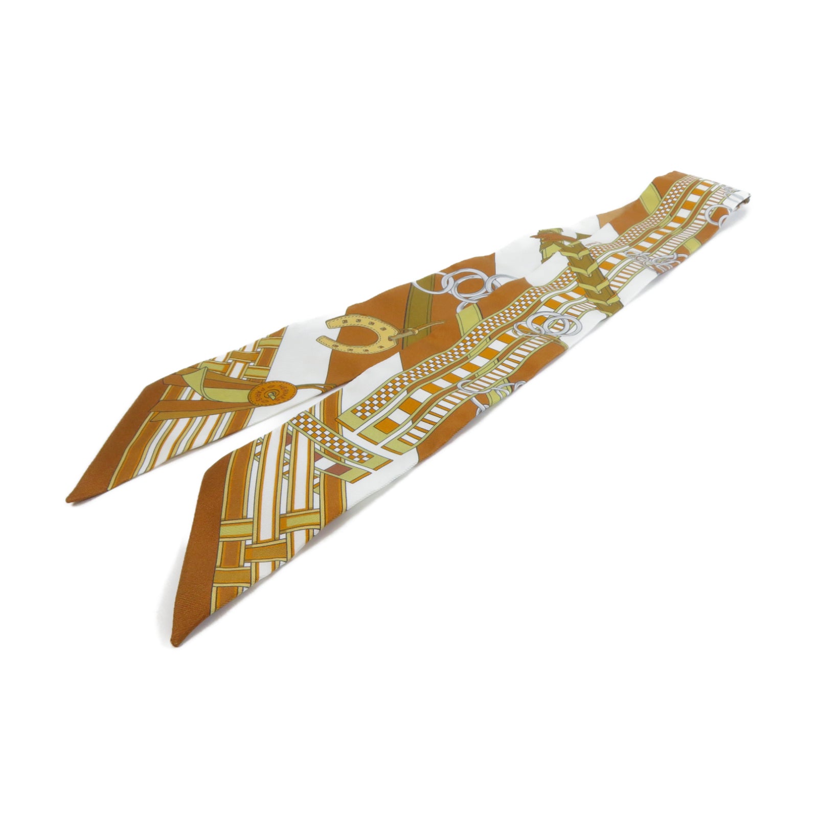 HERMES 絲質Twilly絲巾Gold經典駝色/白色