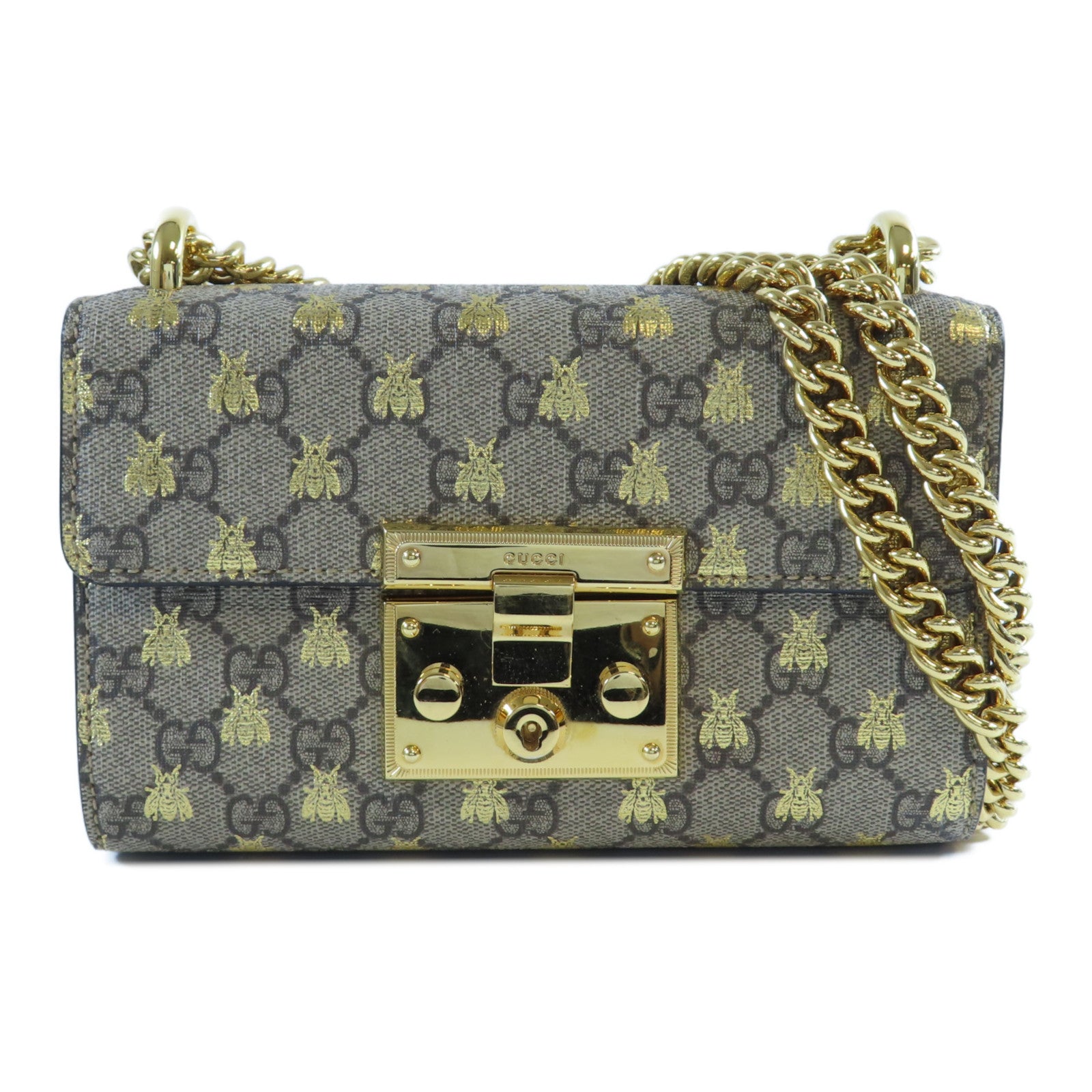 GUCCI 塗層帆布/牛皮皮革Padlock GG Chain Shoulder Bag金扣鏈帶肩背袋啡色/黑色