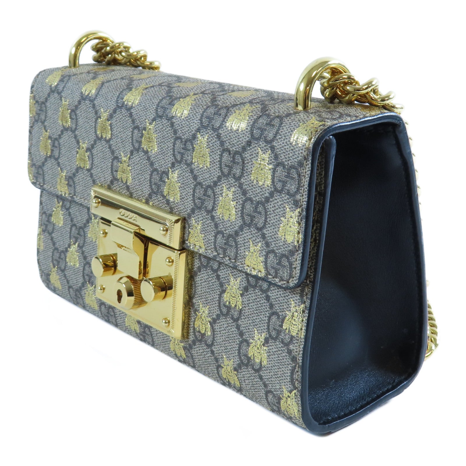 GUCCI 塗層帆布/牛皮皮革Padlock GG Chain Shoulder Bag金扣鏈帶肩背袋啡色/黑色