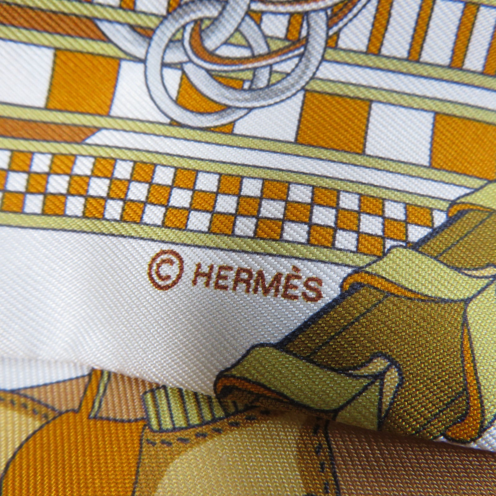 HERMES 絲質Twilly絲巾Gold經典駝色/白色