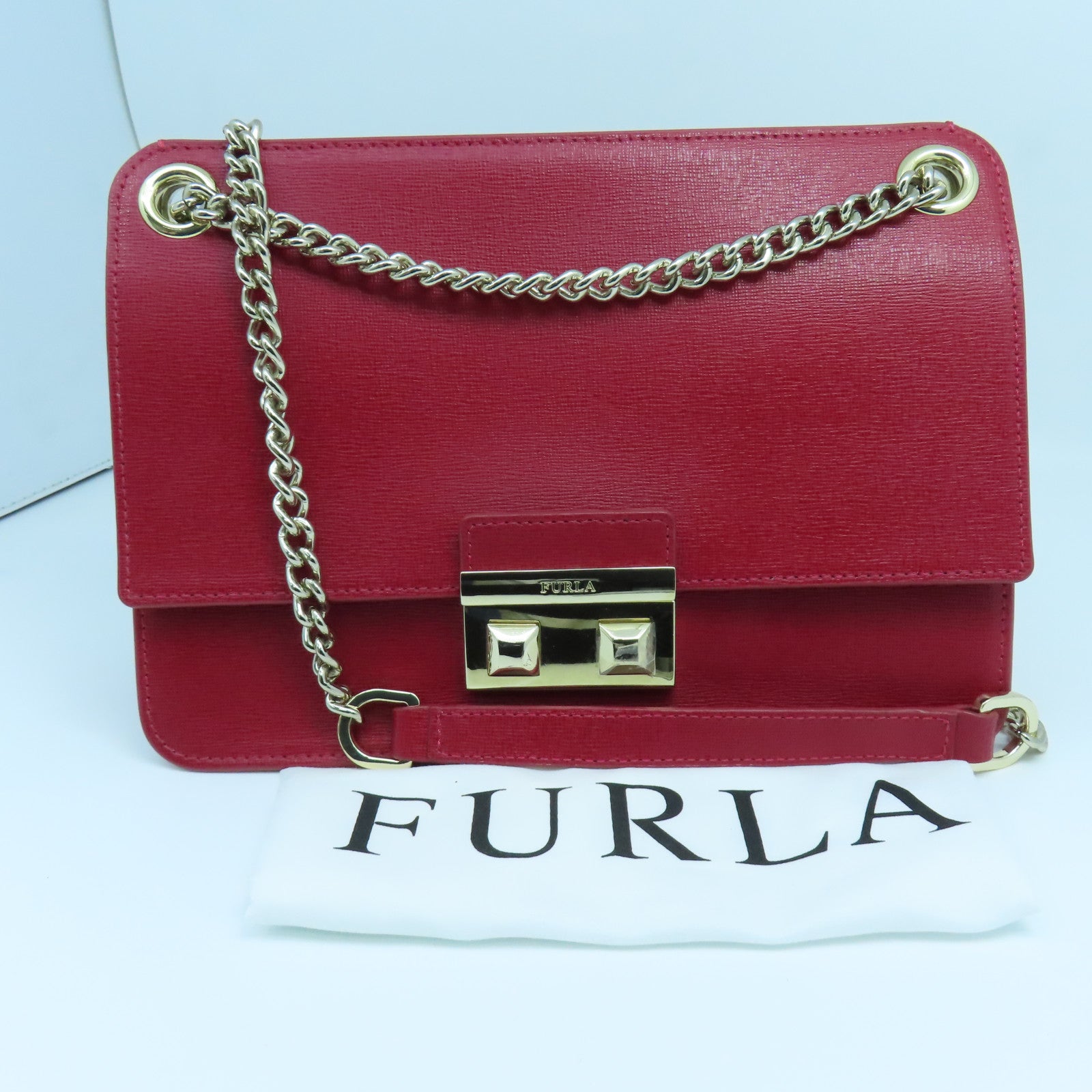 Furla 皮革Chain Shoulder金扣鏈帶肩背袋紅色