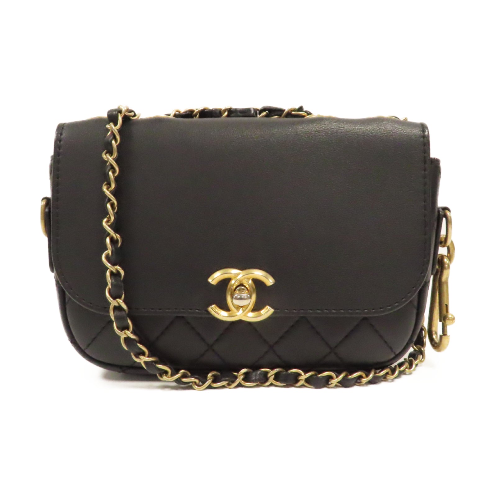 CHANEL 菱格牛皮皮革Chain Shoulder金扣鏈帶肩背袋黑色