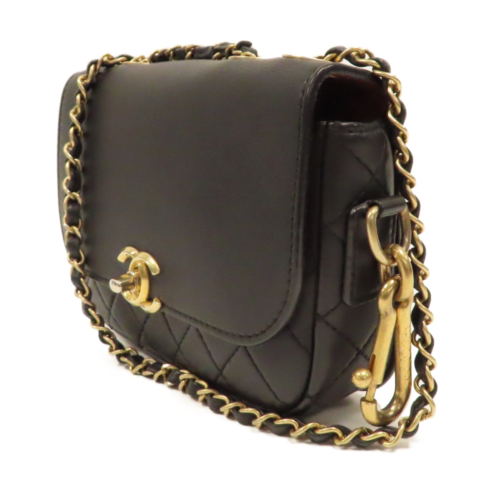 CHANEL 菱格牛皮皮革Chain Shoulder金扣鏈帶肩背袋黑色