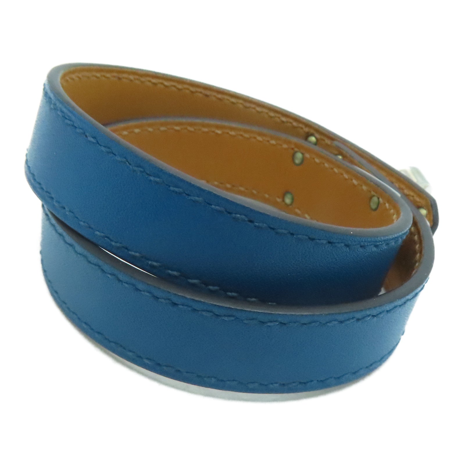HERMES Swift皮革Kelly Double Toyr银扣手链蓝色