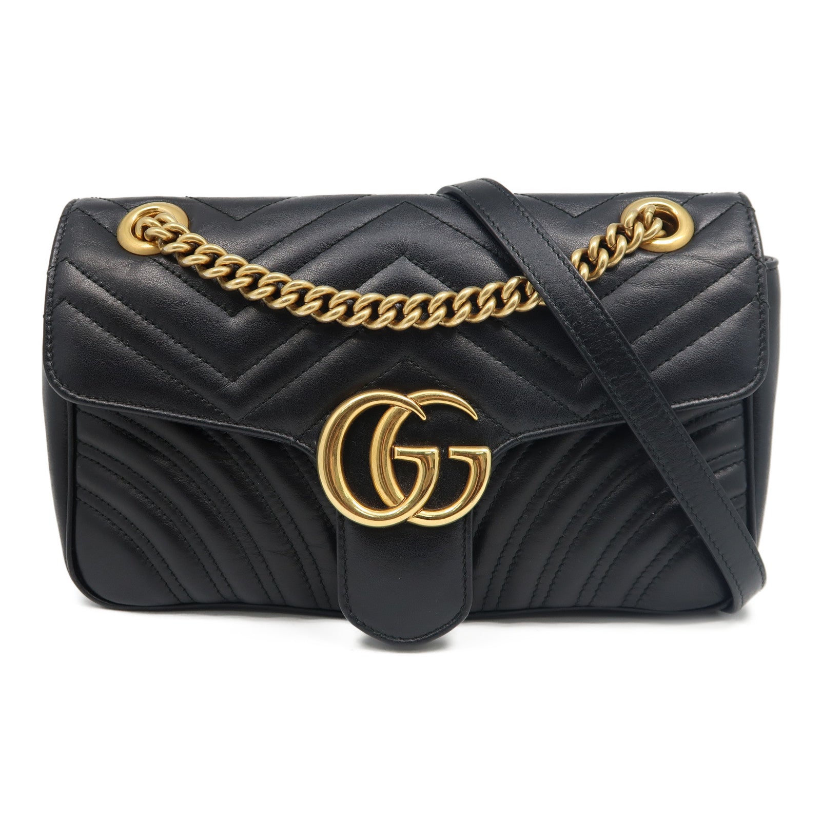 GUCCI 牛皮皮革GG Marmont金扣鏈帶肩背袋黑色