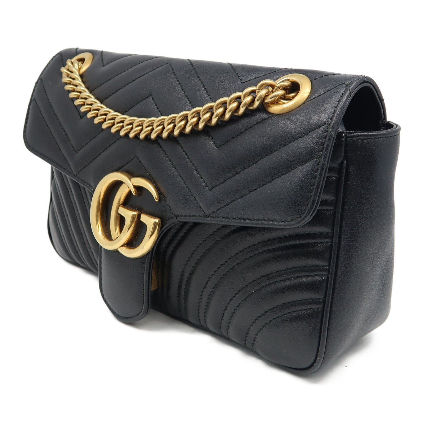 GUCCI 牛皮皮革GG Marmont金扣鏈帶肩背袋黑色