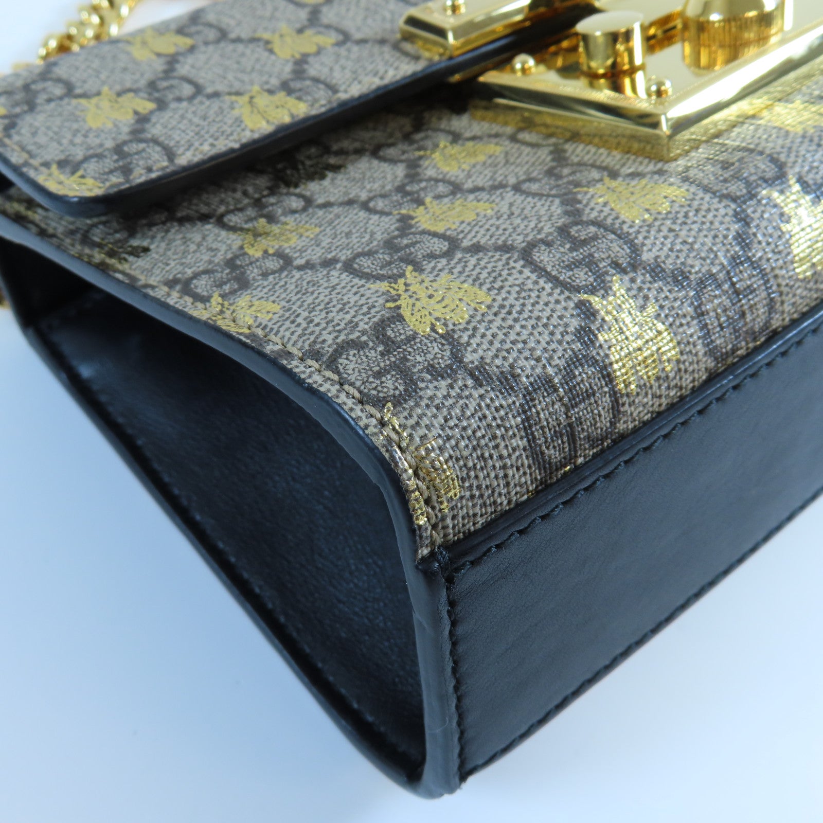 GUCCI 塗層帆布/牛皮皮革Padlock GG Chain Shoulder Bag金扣鏈帶肩背袋啡色/黑色