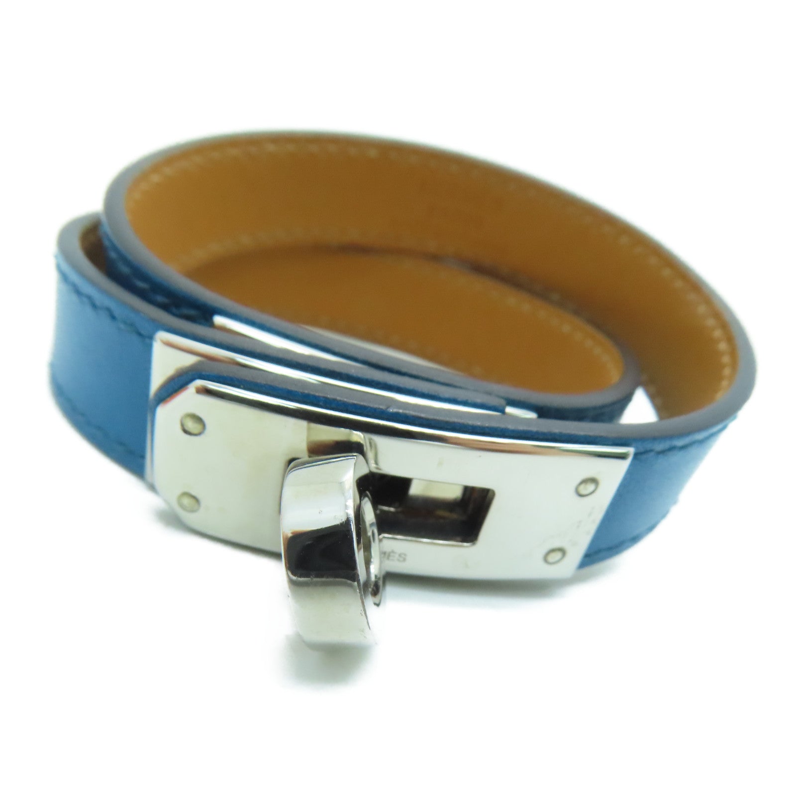 HERMES Swift皮革Kelly Double Toyr银扣手链蓝色
