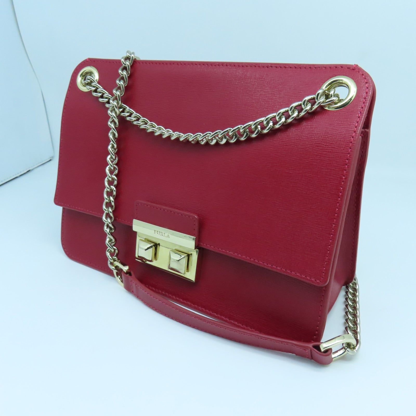 Furla 皮革Chain Shoulder金扣鏈帶肩背袋紅色