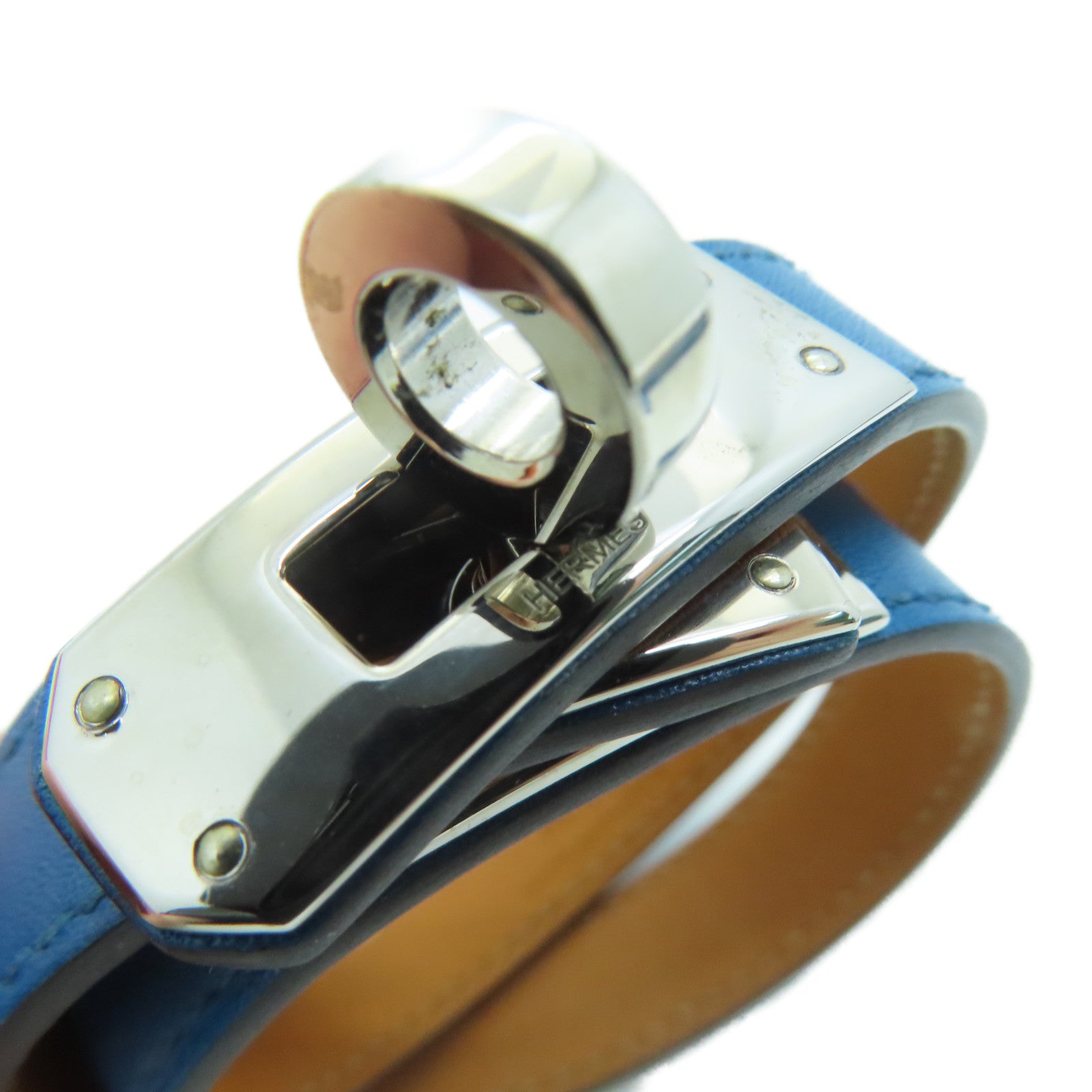 HERMES Swift皮革Kelly Double Toyr银扣手链蓝色