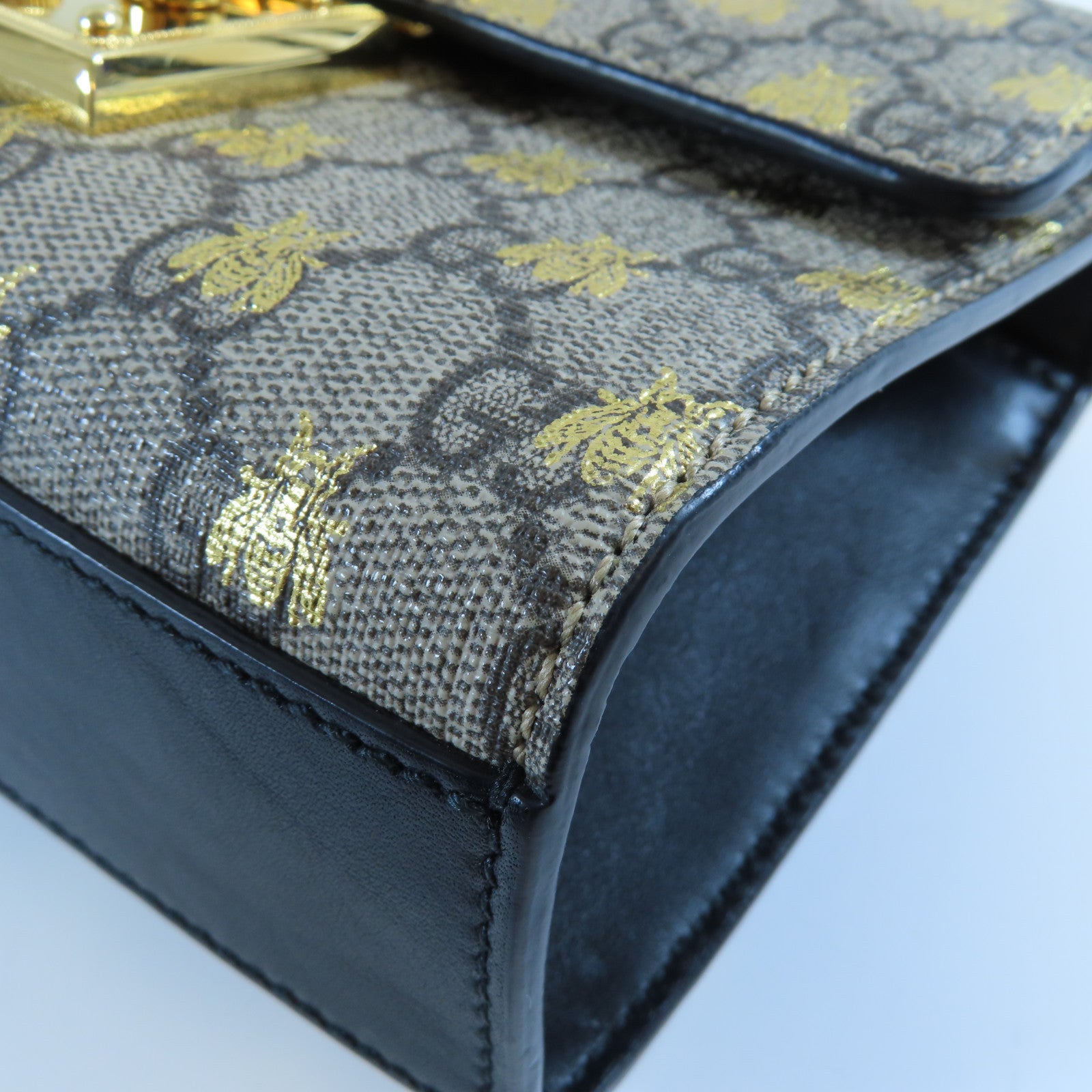 GUCCI 塗層帆布/牛皮皮革Padlock GG Chain Shoulder Bag金扣鏈帶肩背袋啡色/黑色
