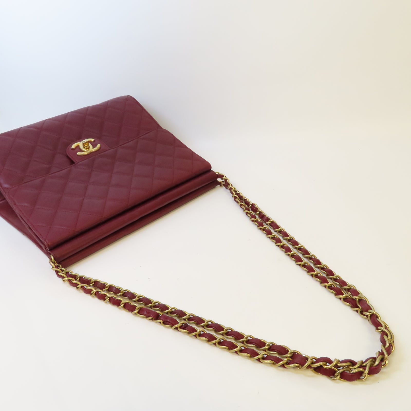 CHANEL 菱格羊皮皮革Chain Shoulder Bag金扣鏈帶肩背袋紅色