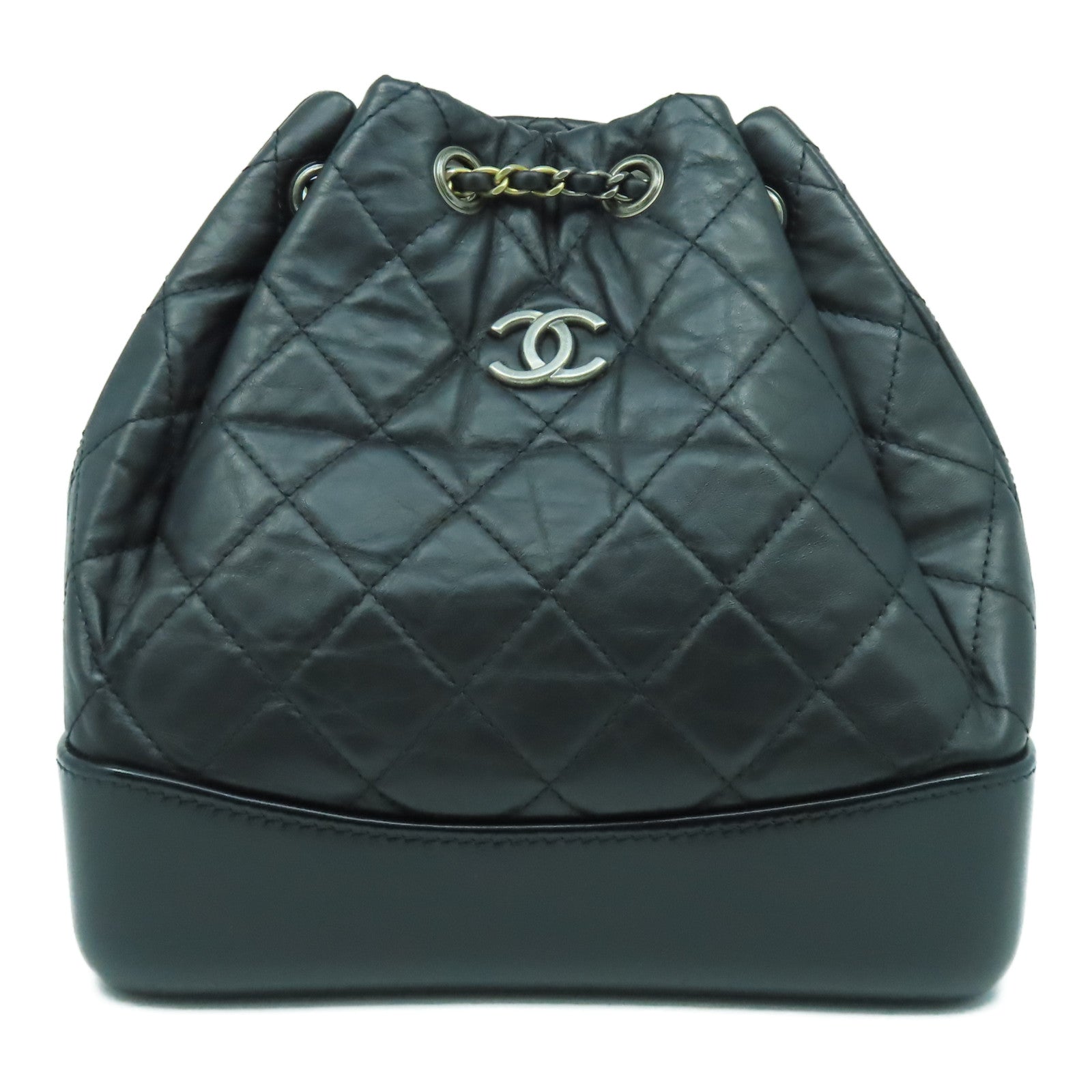 CHANEL 菱格牛皮皮革Grabrielle Backpack銀扣鏈帶背包黑色