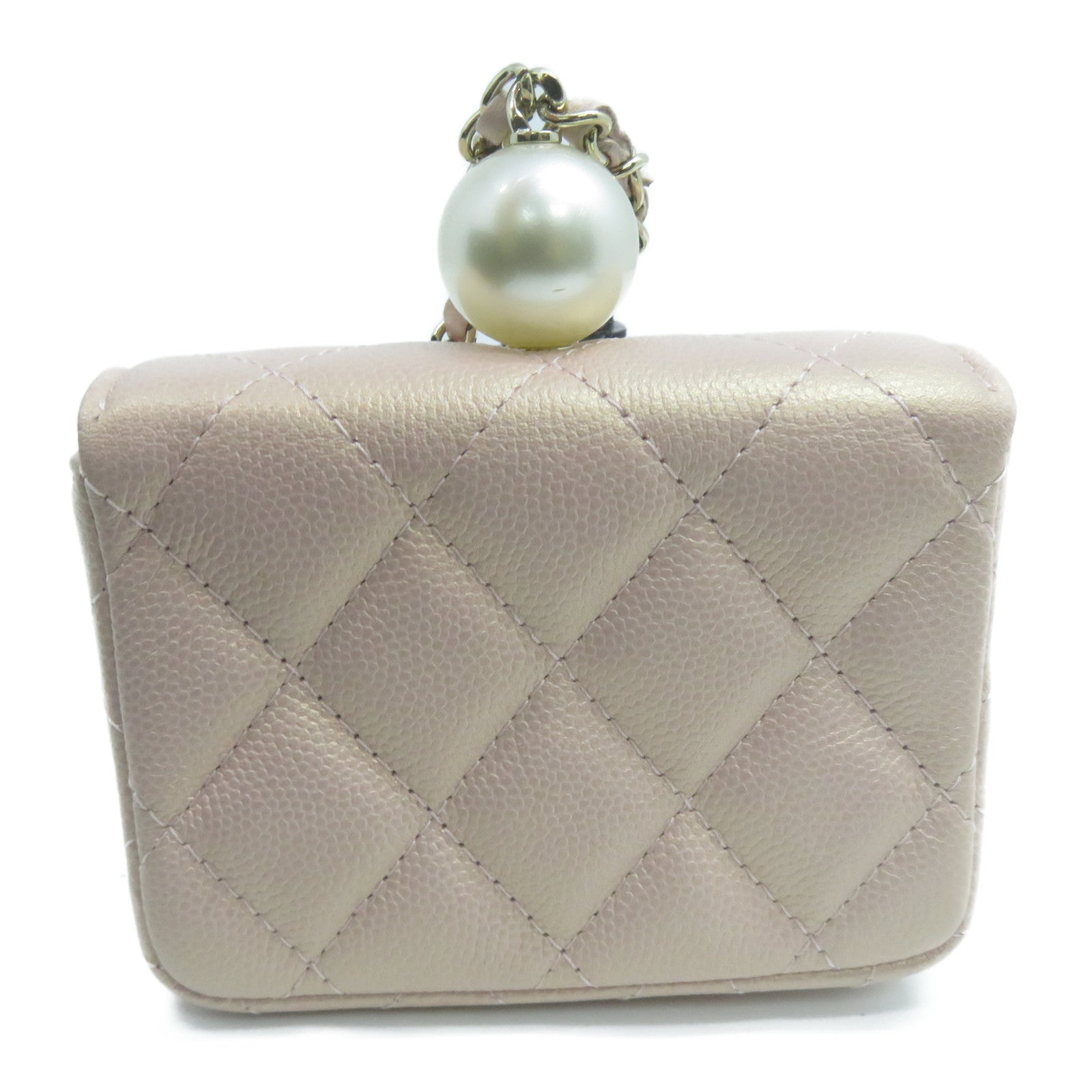 CHANEL 菱格Caviar皮革CC Pearl Card Case With Chain金扣卡片套粉紅色