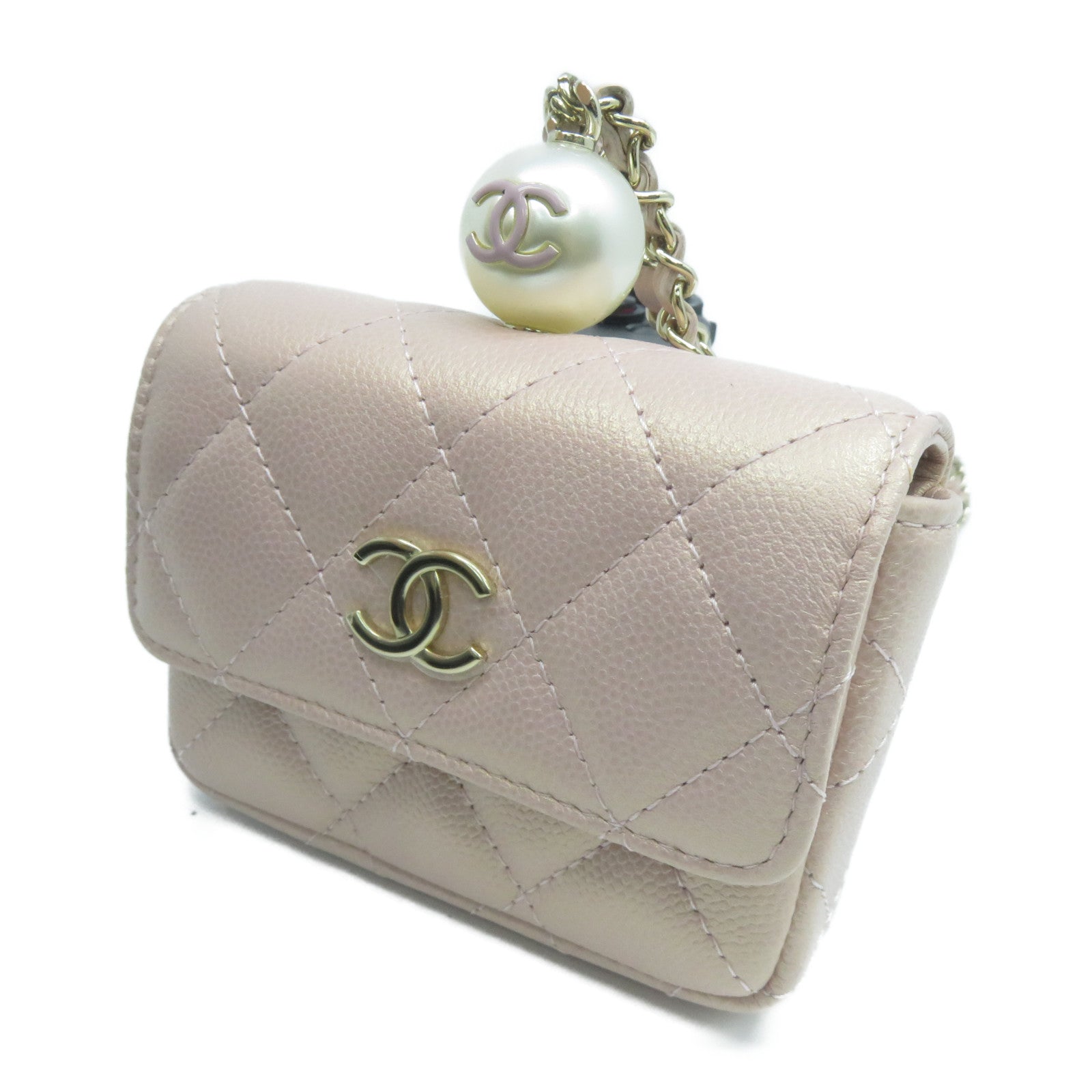 CHANEL 菱格Caviar皮革CC Pearl Card Case With Chain金扣卡片套粉紅色