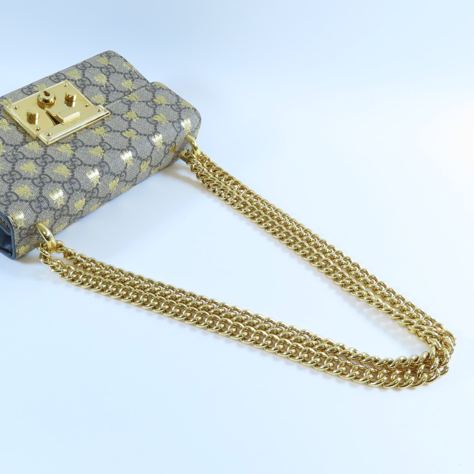 GUCCI 塗層帆布/牛皮皮革Padlock GG Chain Shoulder Bag金扣鏈帶肩背袋啡色/黑色