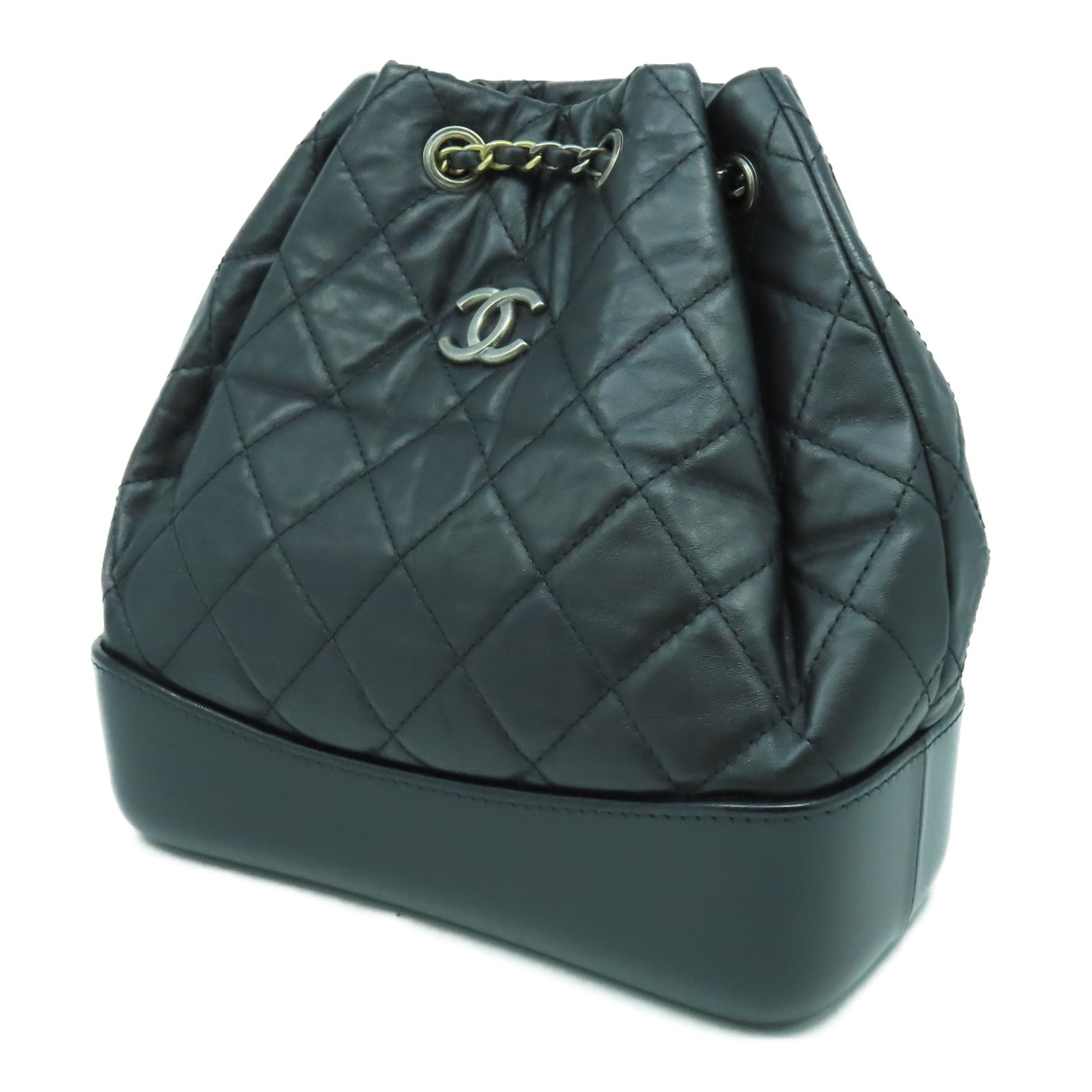 CHANEL 菱格牛皮皮革Grabrielle Backpack銀扣鏈帶背包黑色