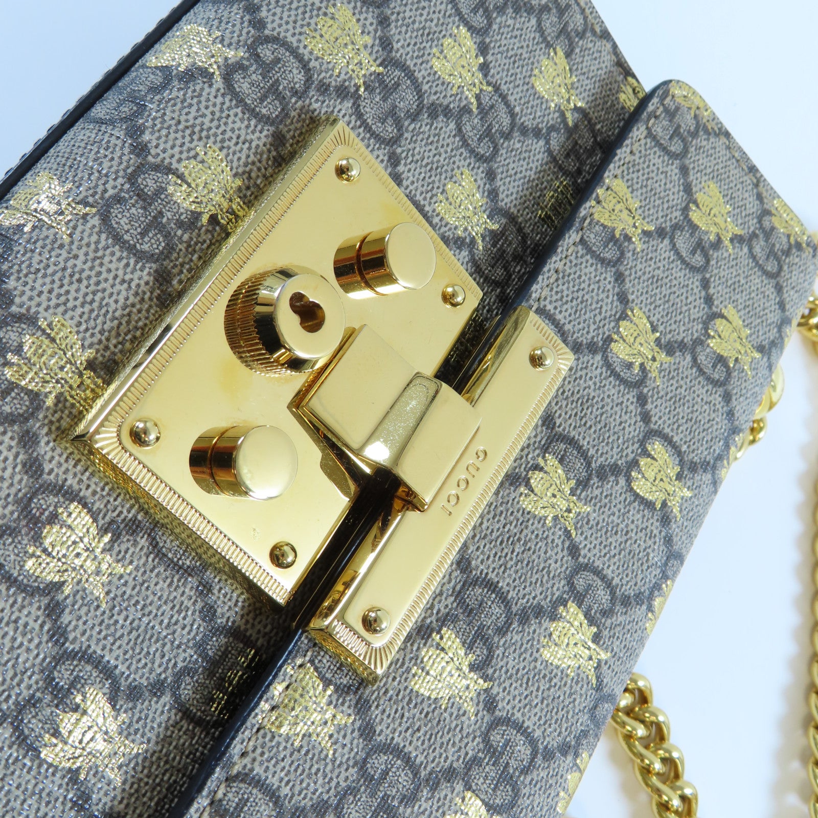 GUCCI 塗層帆布/牛皮皮革Padlock GG Chain Shoulder Bag金扣鏈帶肩背袋啡色/黑色