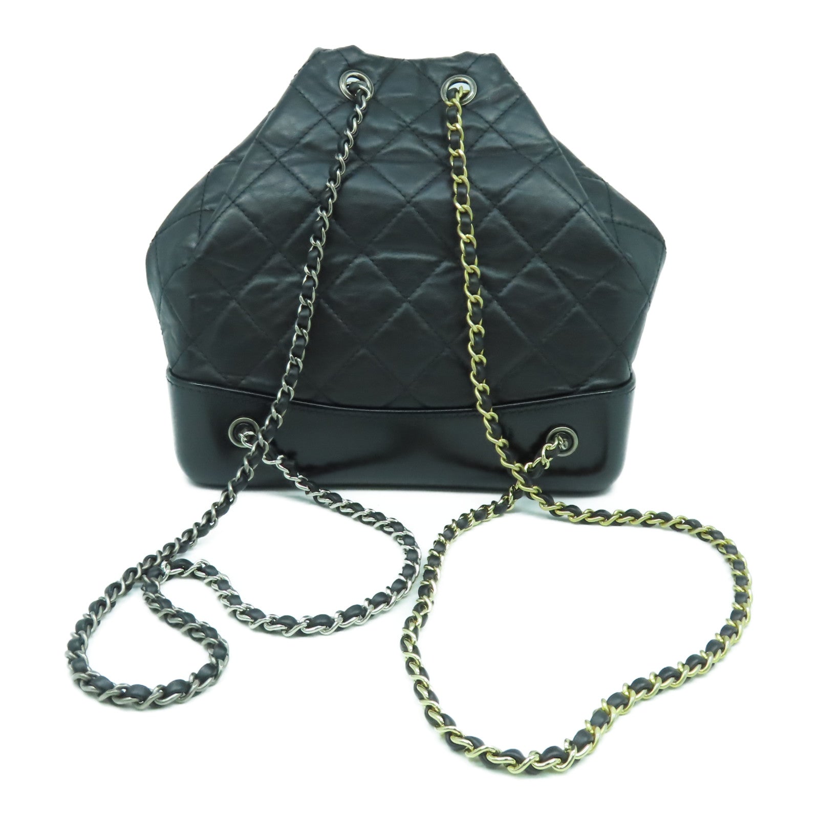 CHANEL 菱格牛皮皮革Grabrielle Backpack銀扣鏈帶背包黑色