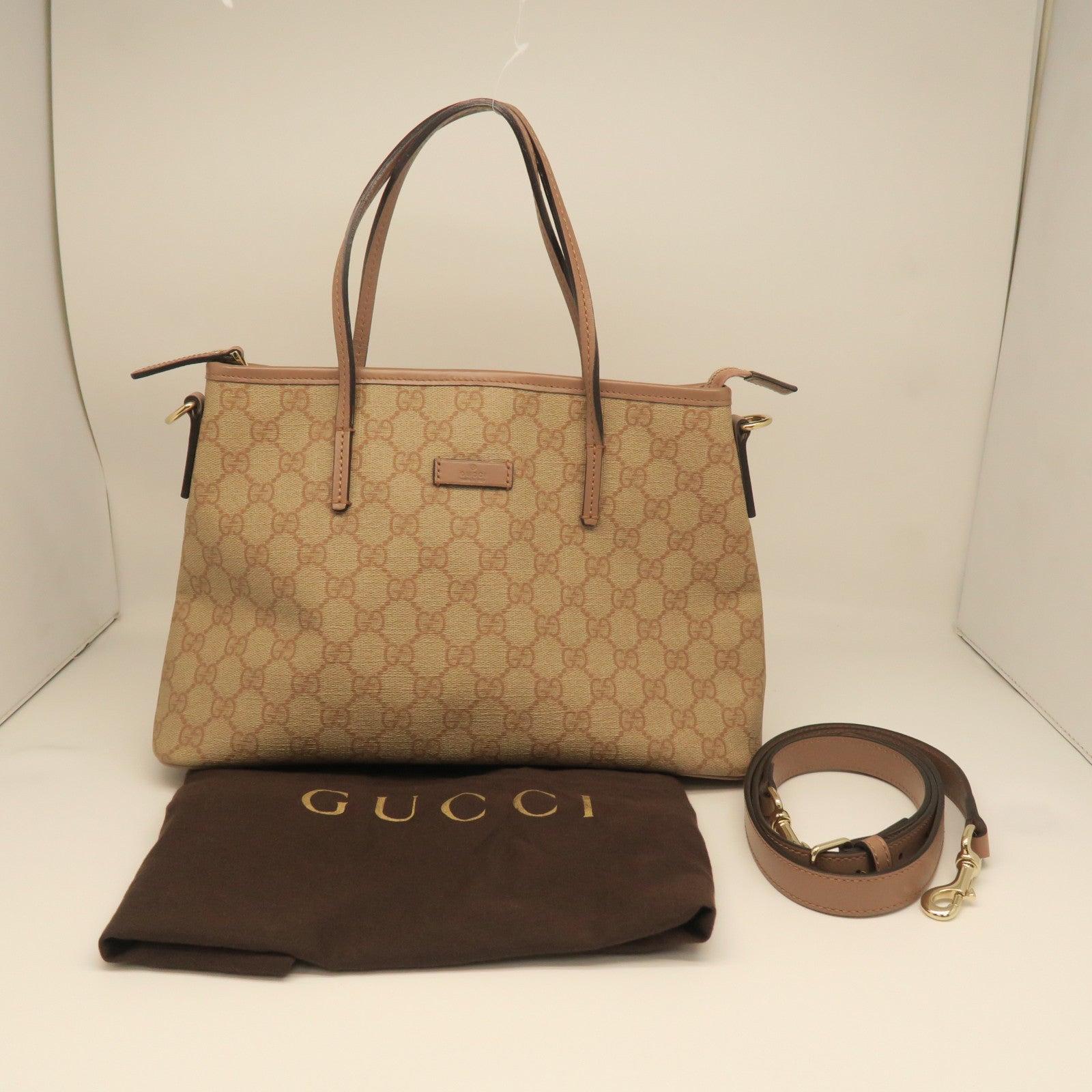 GUCCI PVC Bag銀扣手挽肩背兩用袋淺褐色/粉紅色