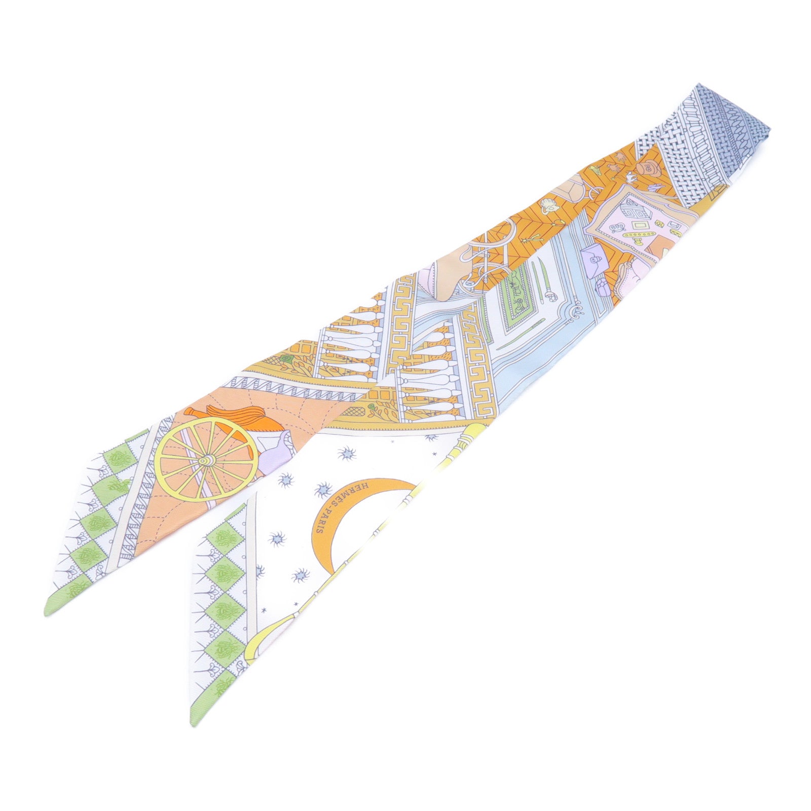 HERMES 絲質Twilly絲巾白色/淺藍色/淺綠色/黃色