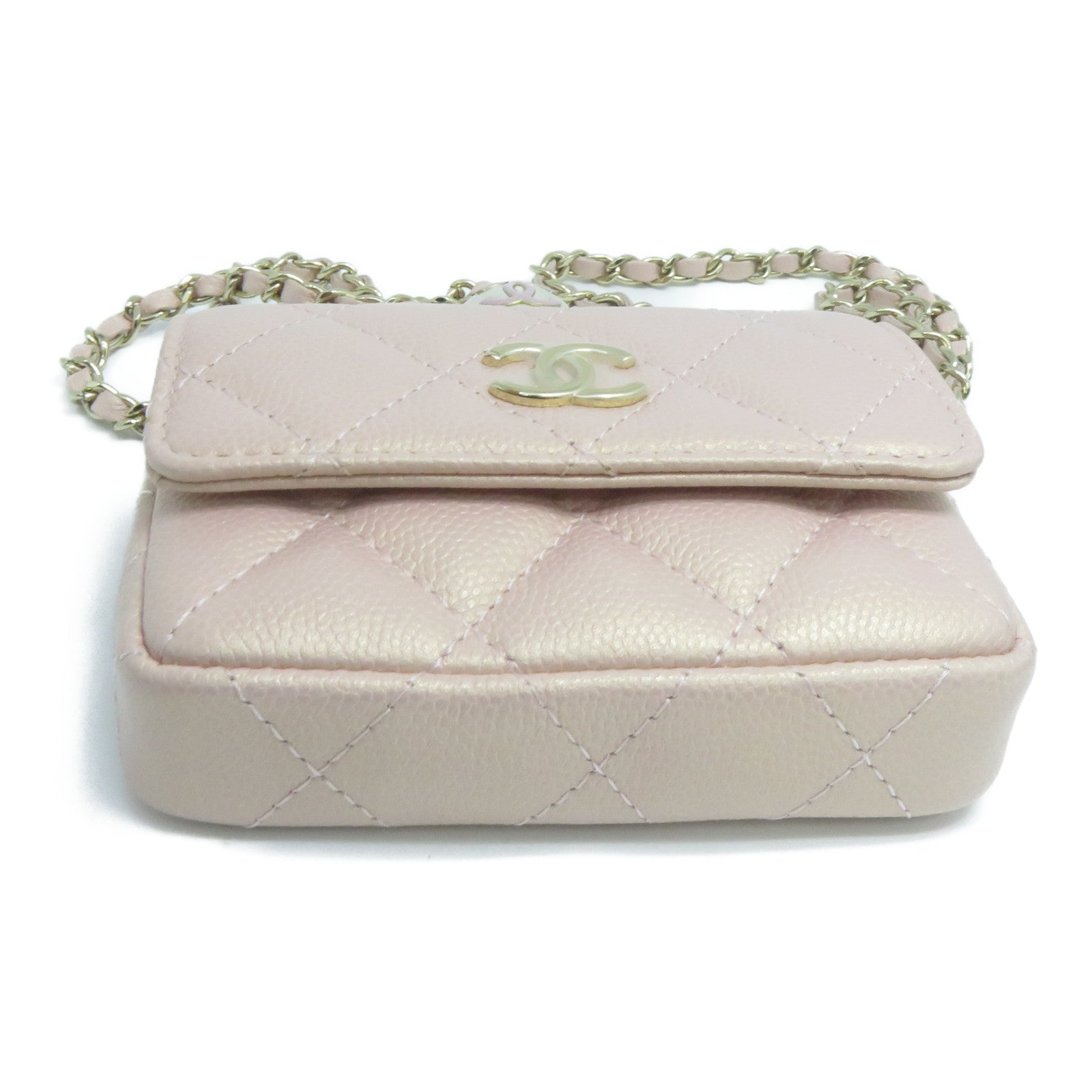 CHANEL 菱格Caviar皮革CC Pearl Card Case With Chain金扣卡片套粉紅色