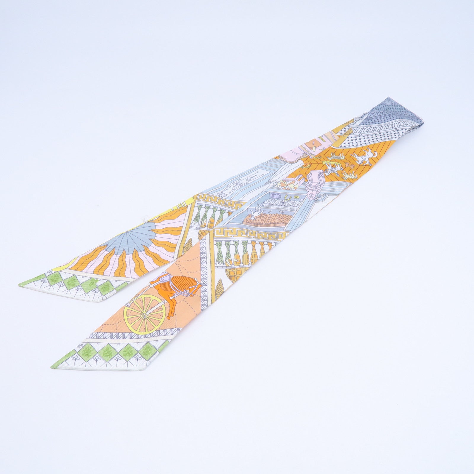 HERMES 絲質Twilly絲巾白色/淺藍色/淺綠色/黃色