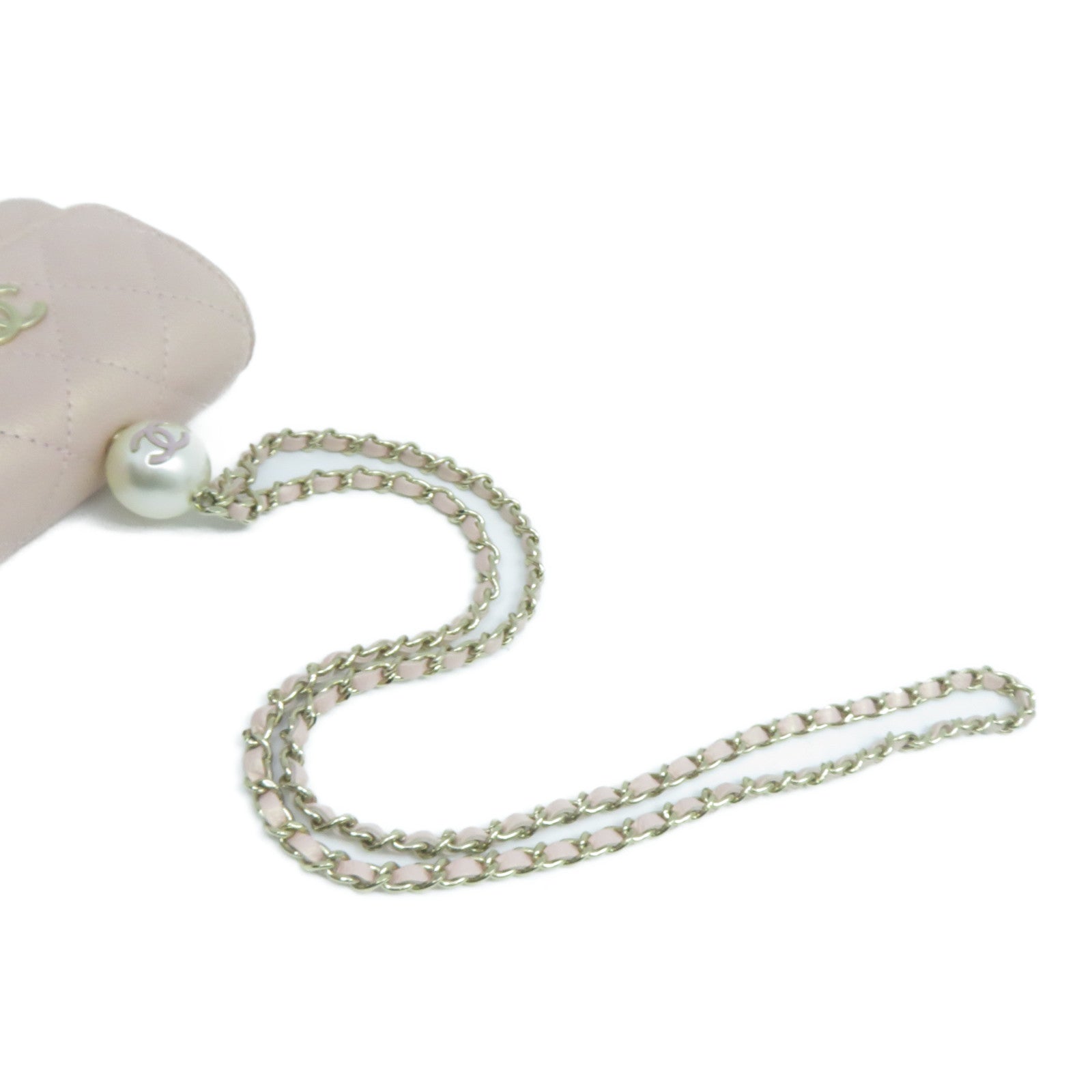 CHANEL 菱格Caviar皮革CC Pearl Card Case With Chain金扣卡片套粉紅色