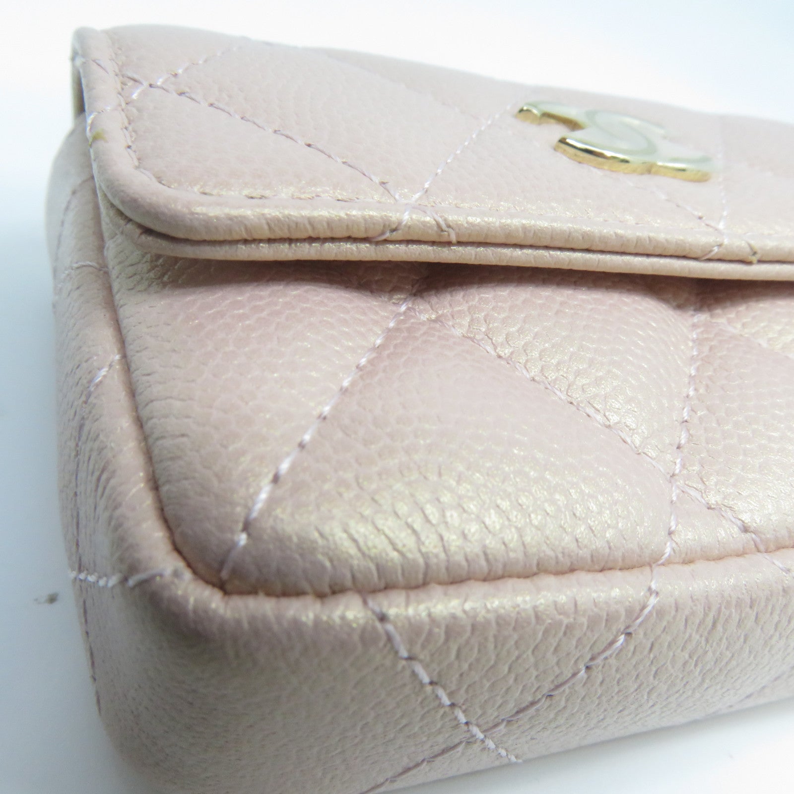CHANEL 菱格Caviar皮革CC Pearl Card Case With Chain金扣卡片套粉紅色