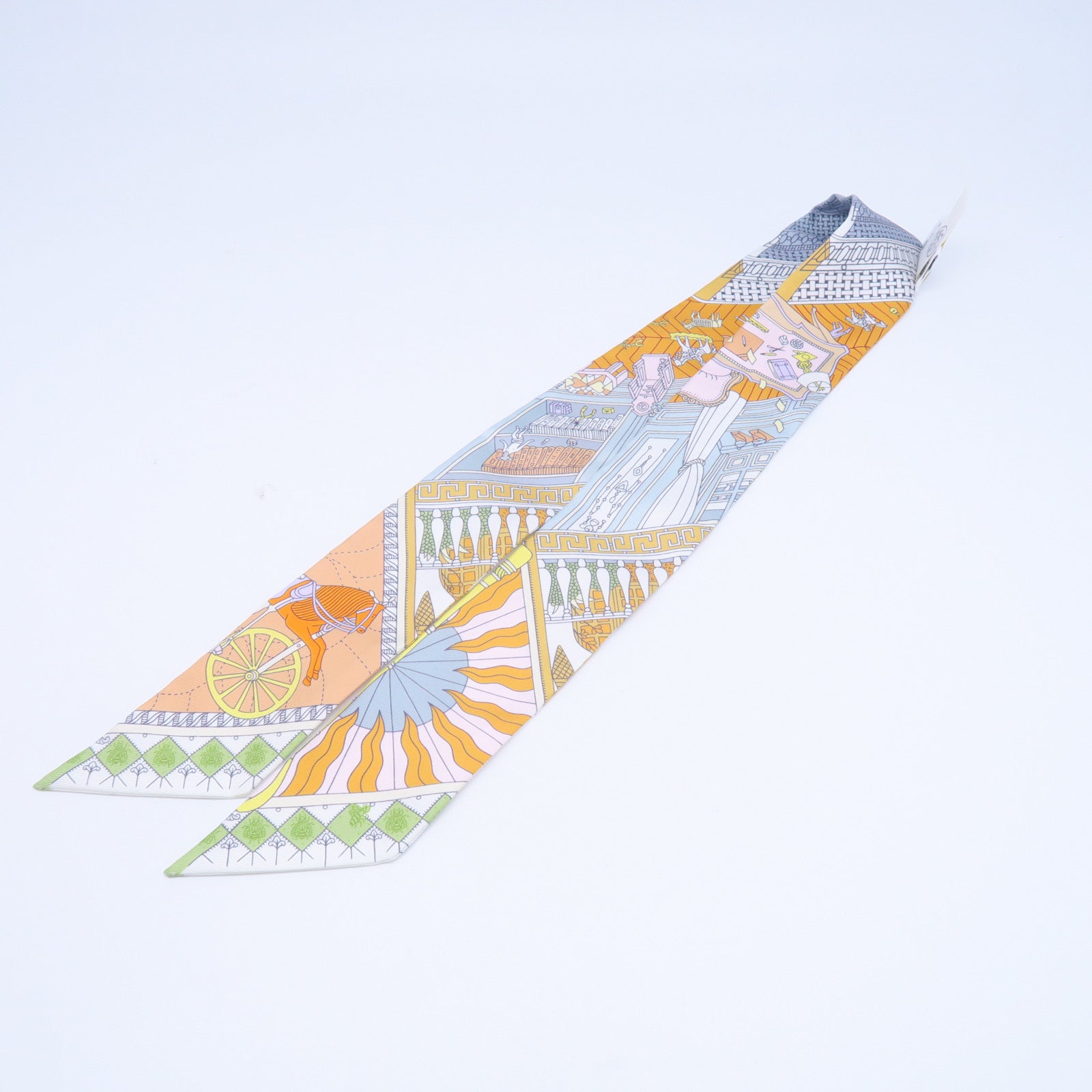 HERMES 絲質Twilly絲巾白色/淺藍色/淺綠色/黃色