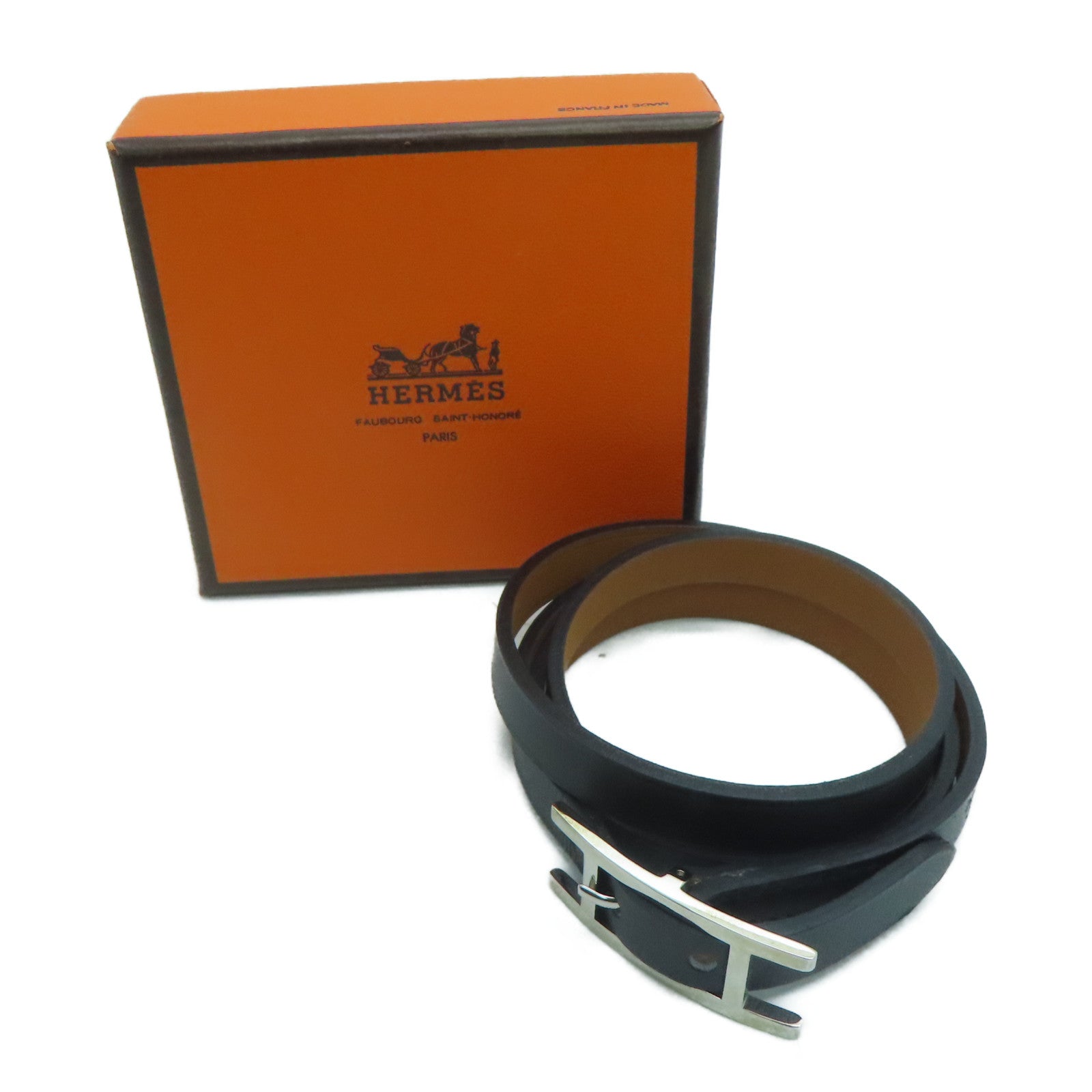 HERMES Swift Leather Behapi Double Tour Silver Buckle Bracelet Black