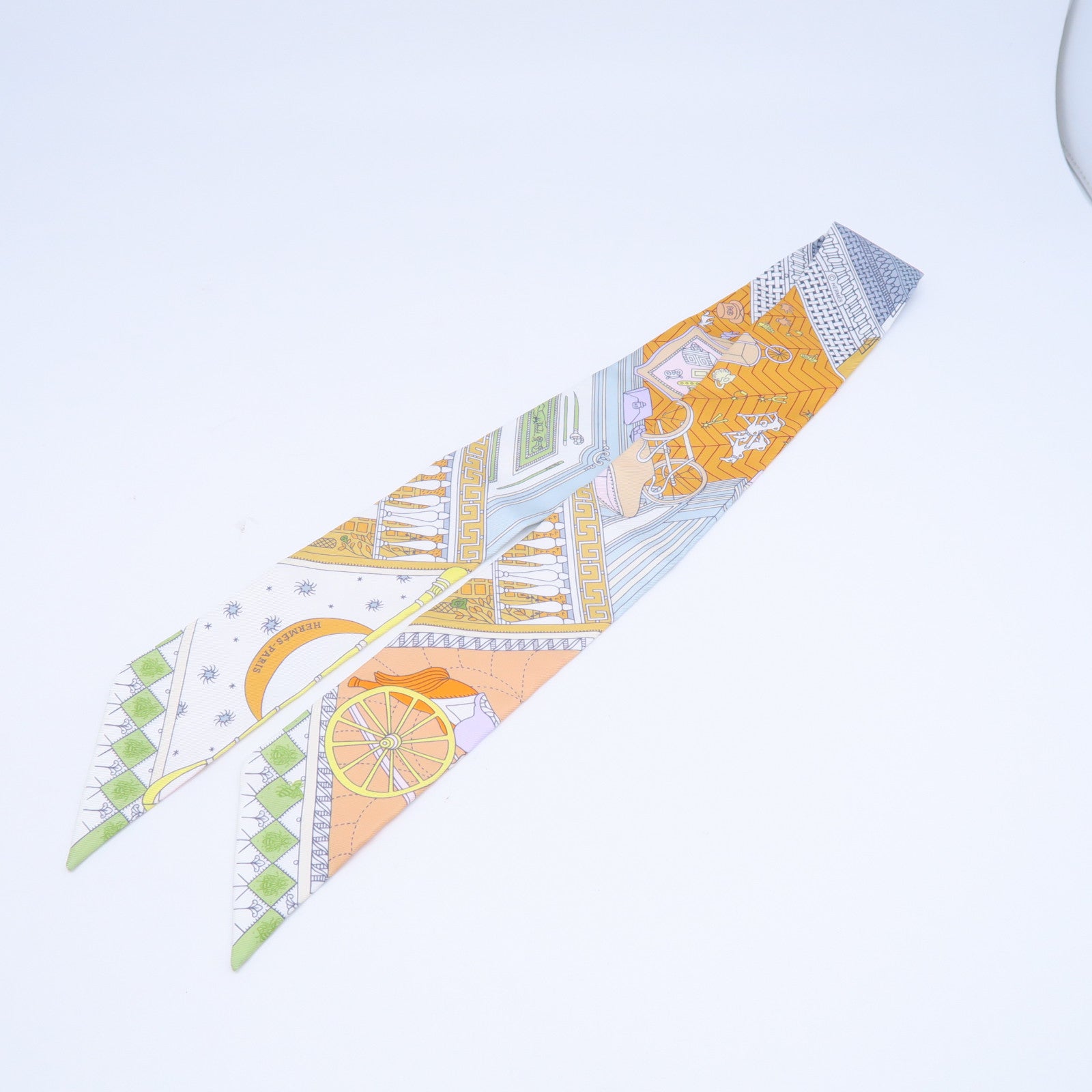 HERMES 絲質Twilly絲巾白色/淺藍色/淺綠色/黃色