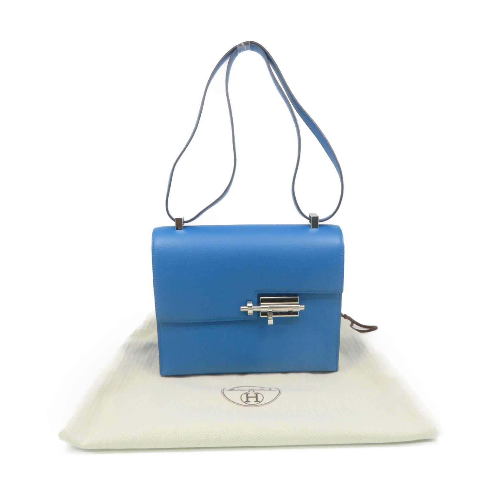 HERMES Epsom皮革Verrou 21 Shoulder Bag銀扣肩背袋Blue Zanzibar藍色