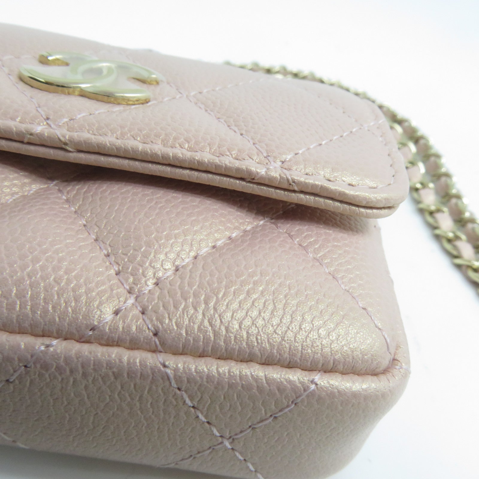 CHANEL 菱格Caviar皮革CC Pearl Card Case With Chain金扣卡片套粉紅色