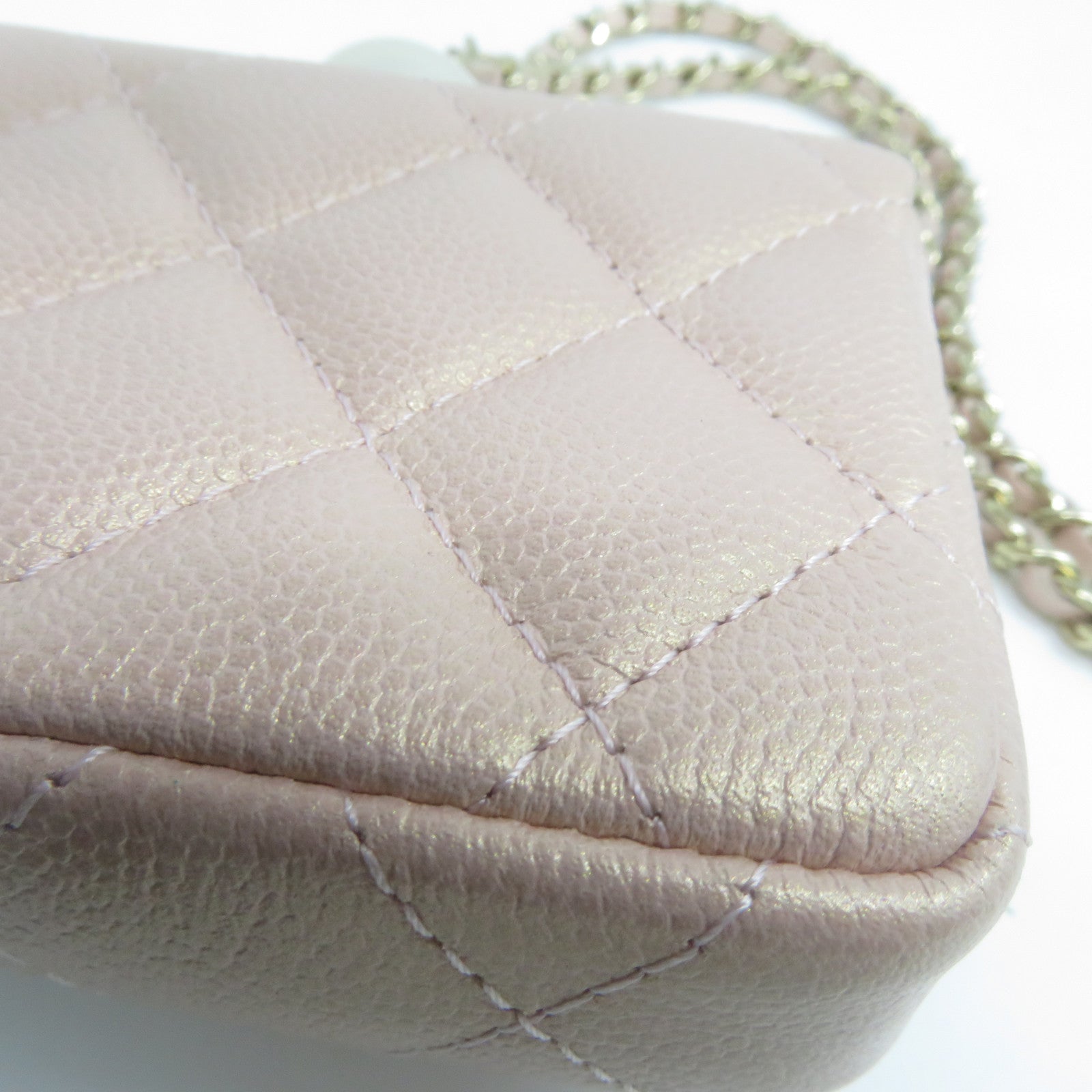 CHANEL 菱格Caviar皮革CC Pearl Card Case With Chain金扣卡片套粉紅色