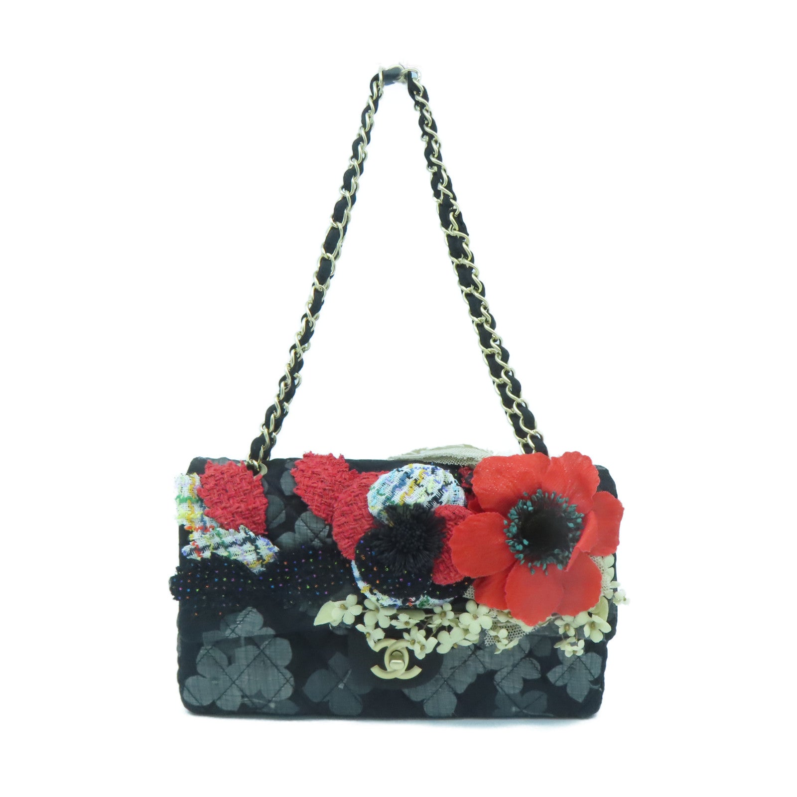 CHANEL Rhombus Canvas Chain Shoulder Gold Buckle Shoulder Bag Black