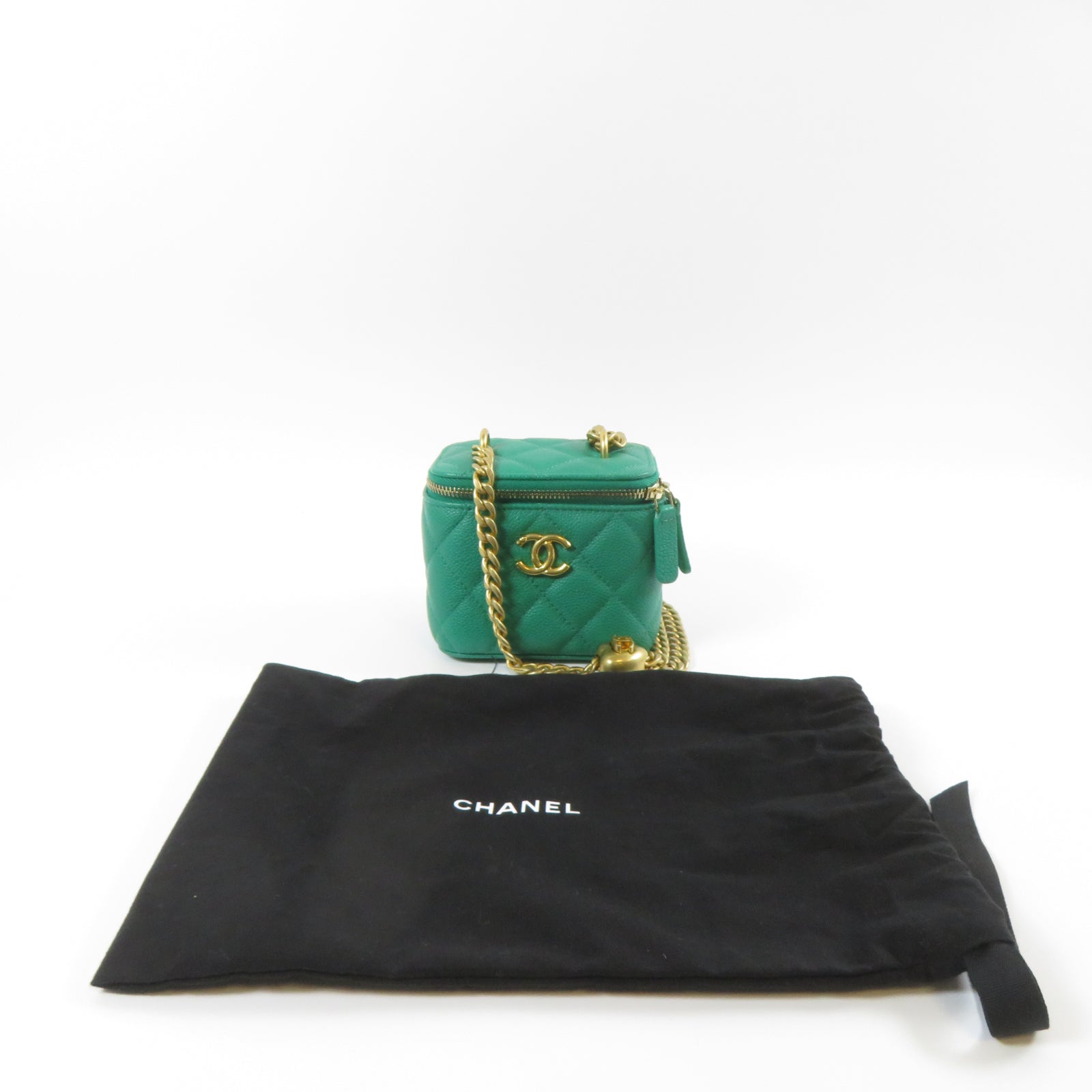 CHANEL 菱格Caviar皮革Vanity Case Mini金扣鏈帶肩背袋綠色