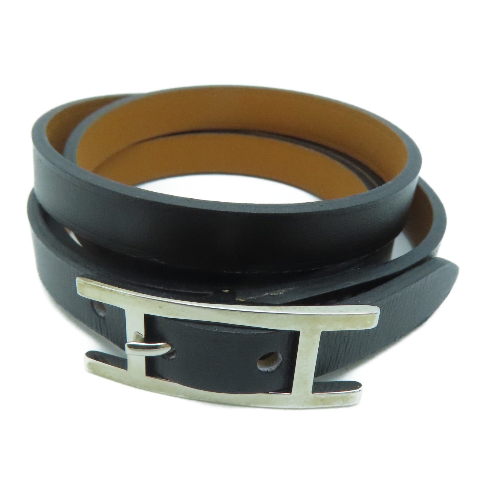 HERMES Swift Leather Behapi Double Tour Silver Buckle Bracelet Black