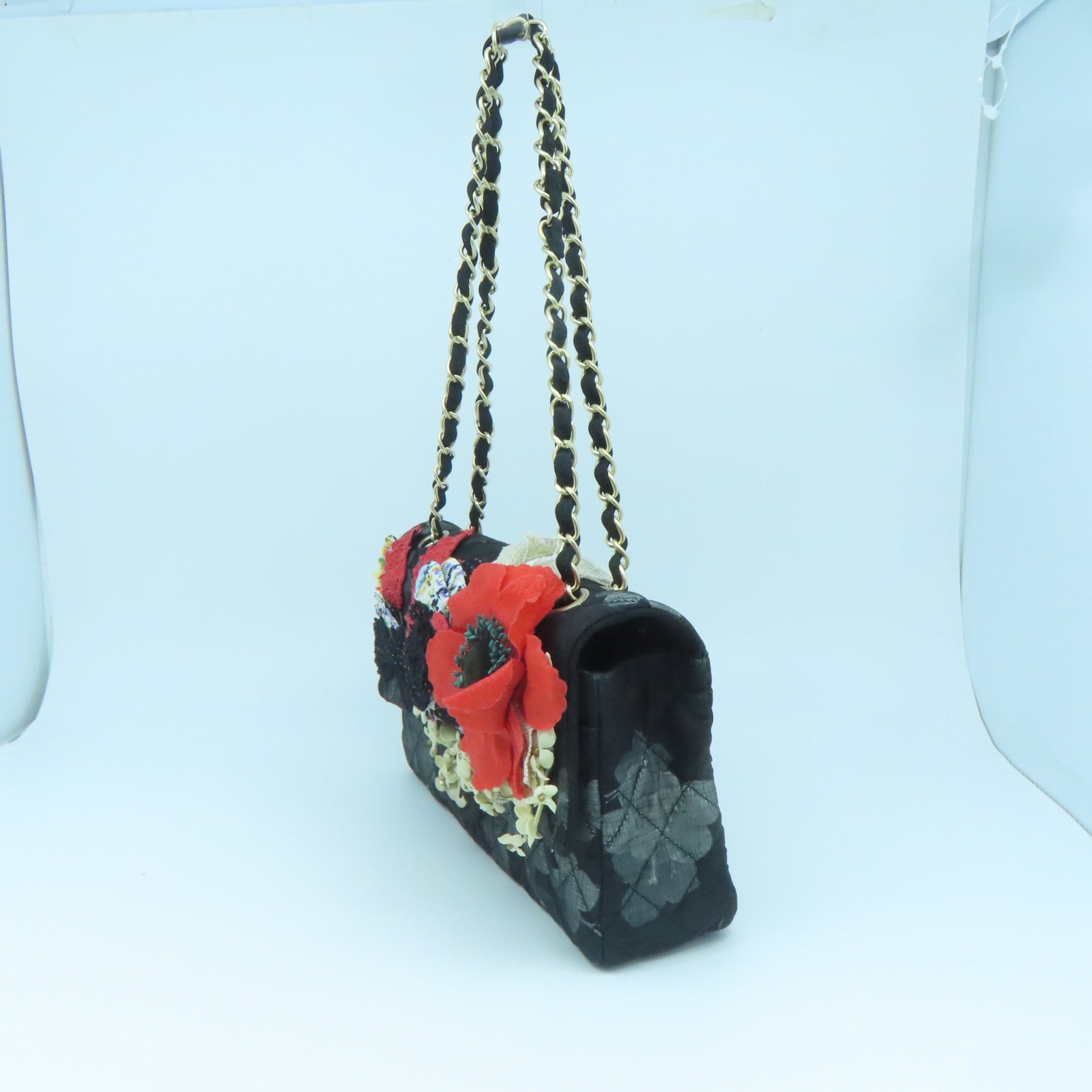 CHANEL Rhombus Canvas Chain Shoulder Gold Buckle Shoulder Bag Black