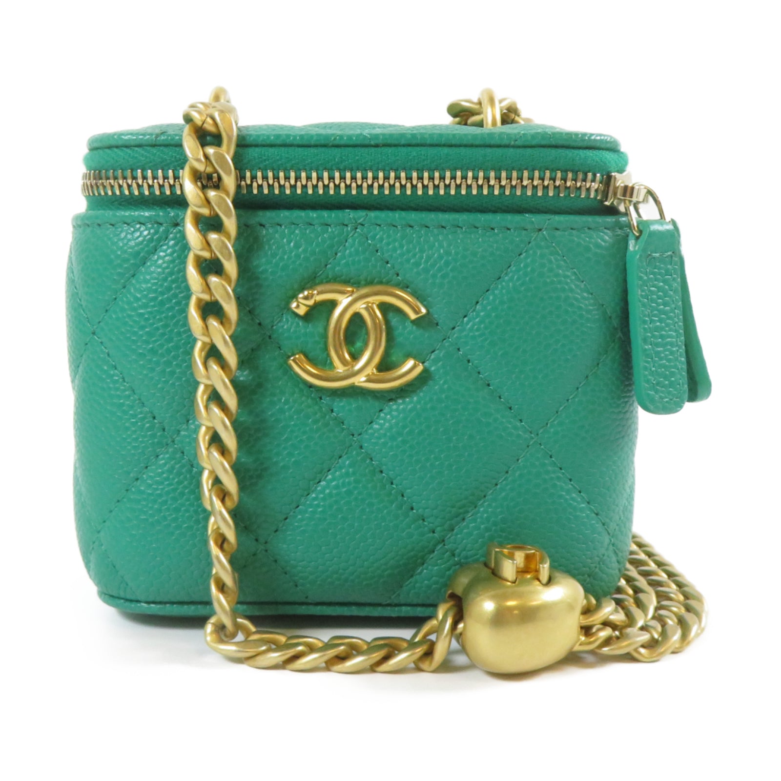 CHANEL 菱格Caviar皮革Vanity Case Mini金扣鏈帶肩背袋綠色