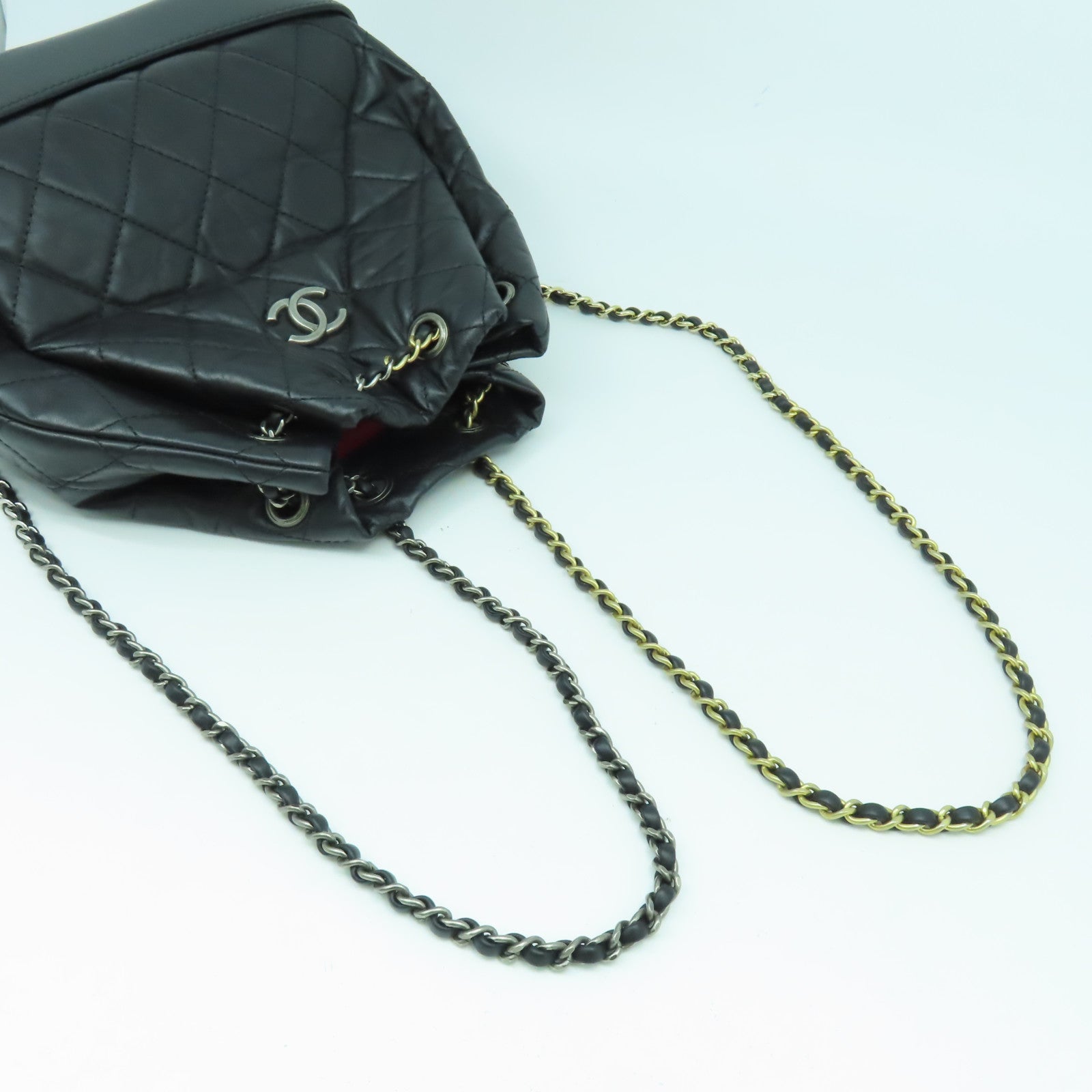 CHANEL 菱格牛皮皮革Grabrielle Backpack銀扣鏈帶背包黑色