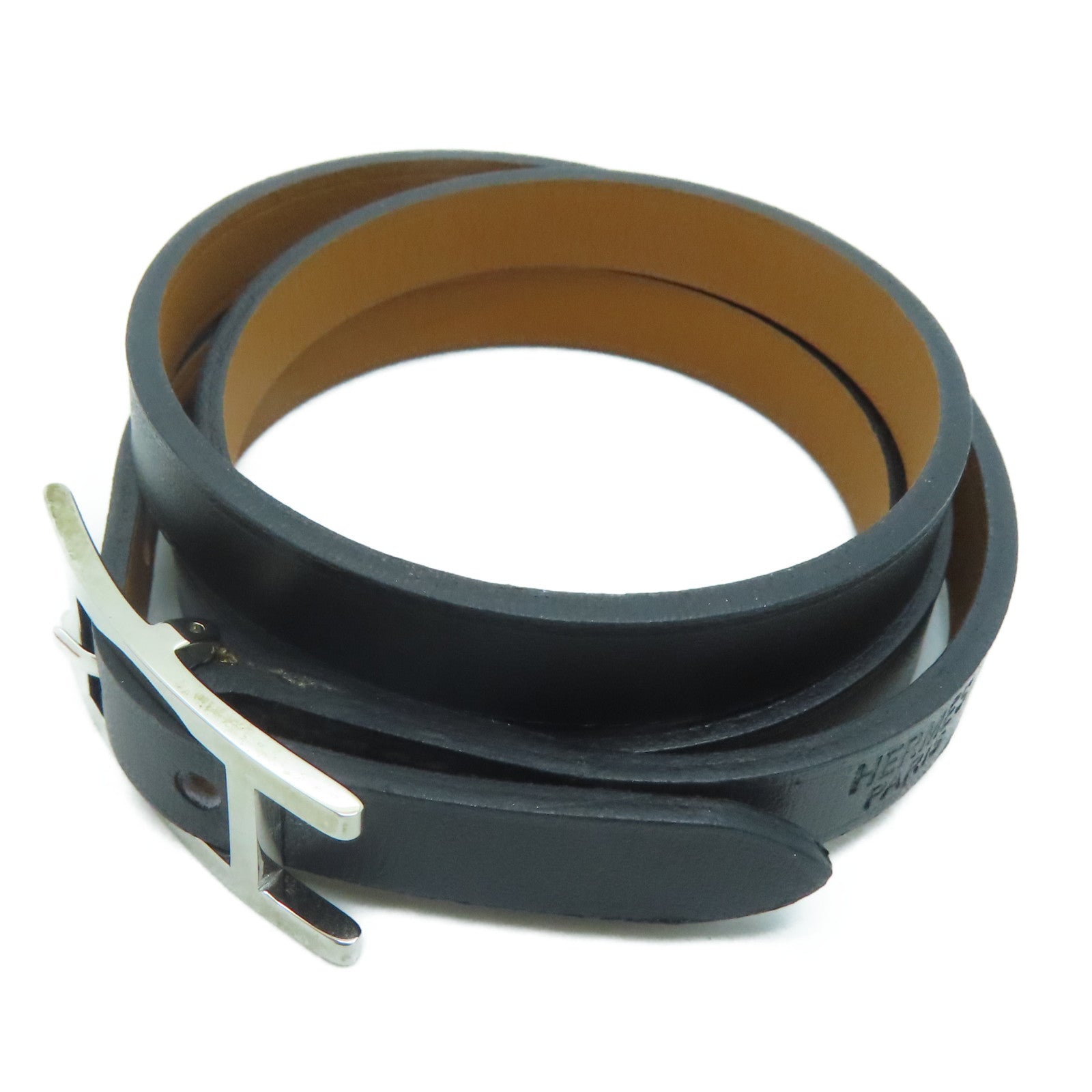 HERMES Swift Leather Behapi Double Tour Silver Buckle Bracelet Black