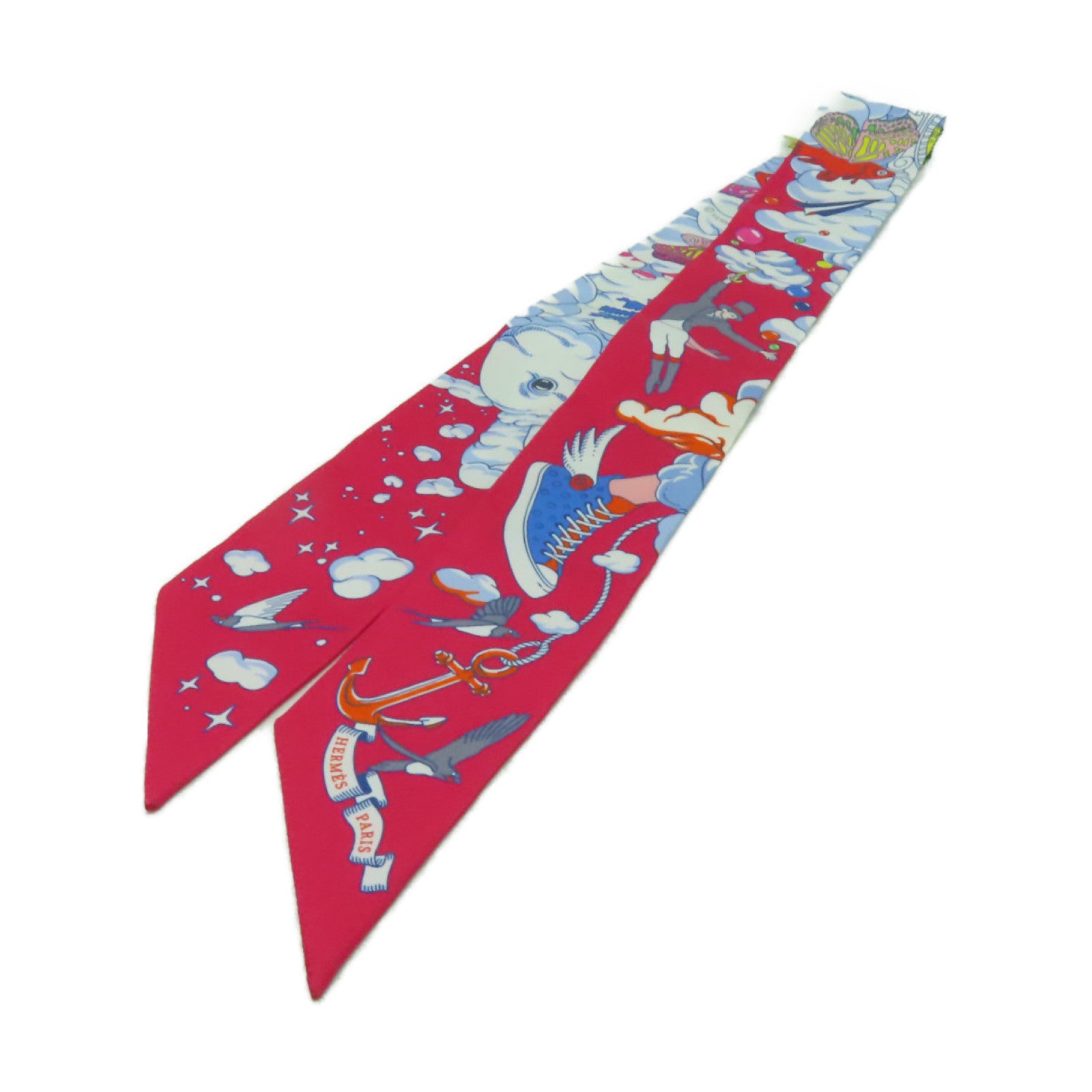 HERMES 絲質Twilly絲巾淺藍色/紅色
