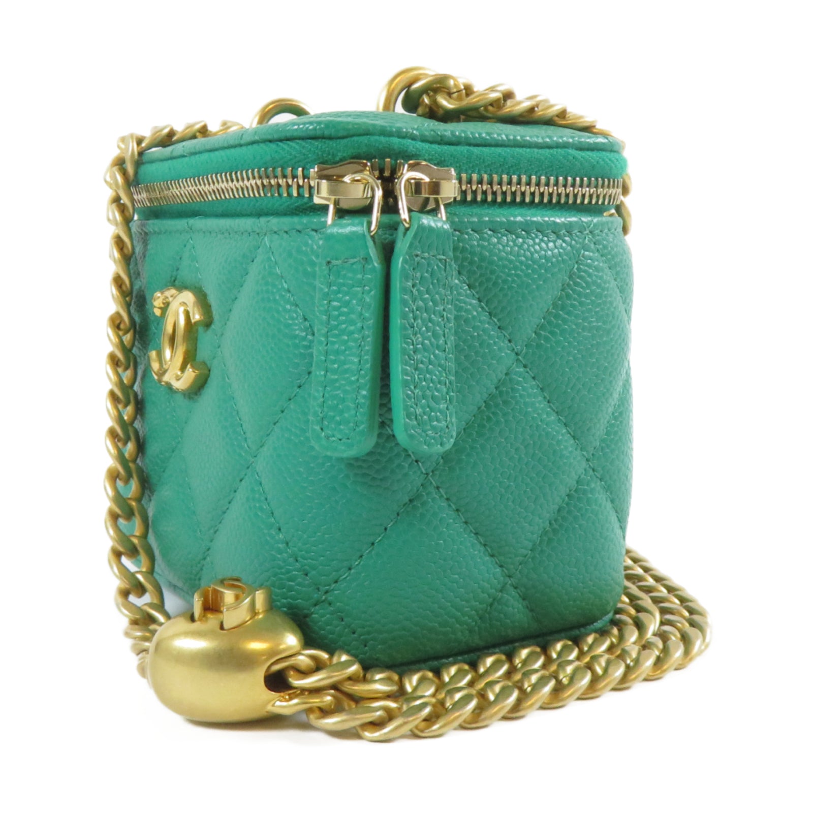 CHANEL 菱格Caviar皮革Vanity Case Mini金扣鏈帶肩背袋綠色