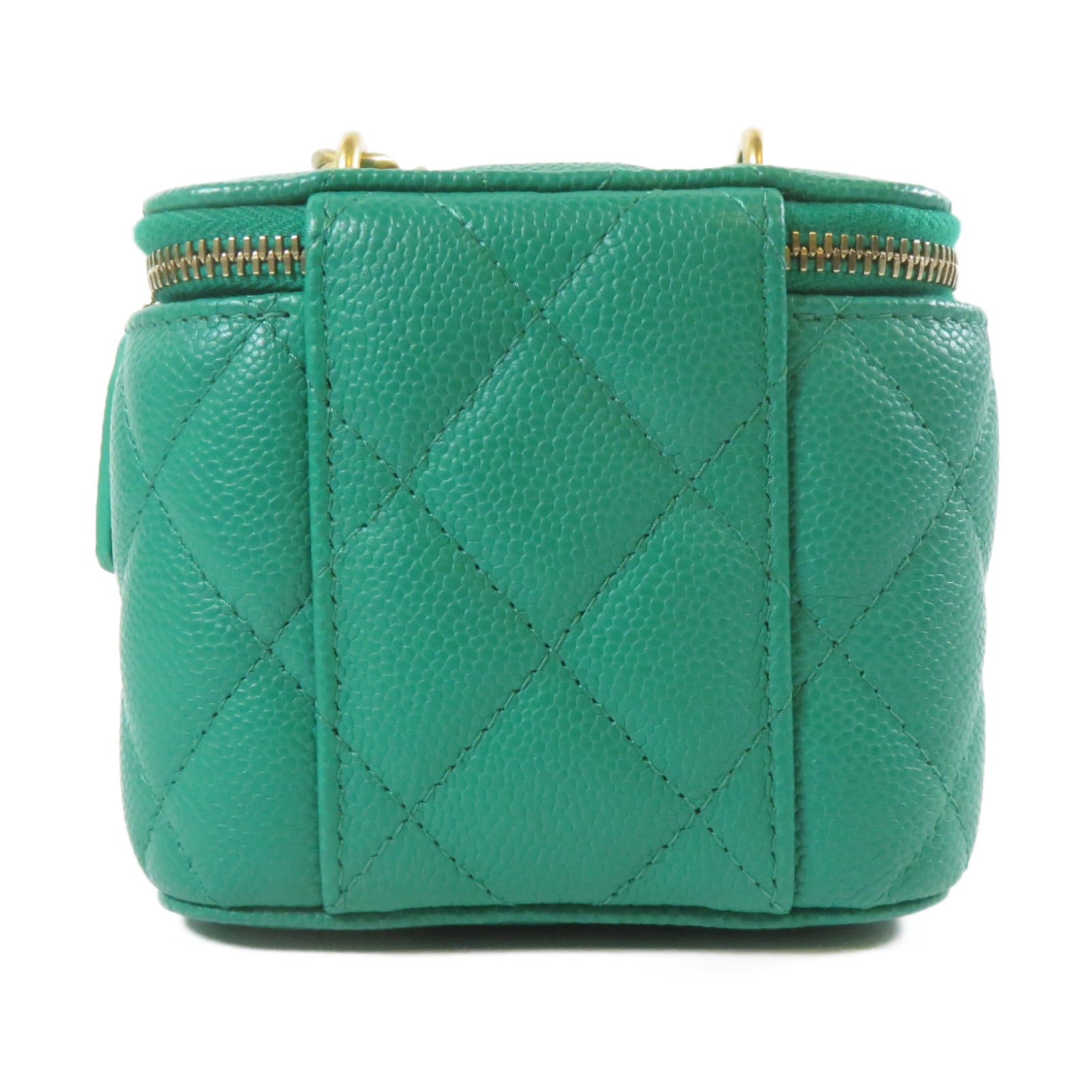 CHANEL 菱格Caviar皮革Vanity Case Mini金扣鏈帶肩背袋綠色