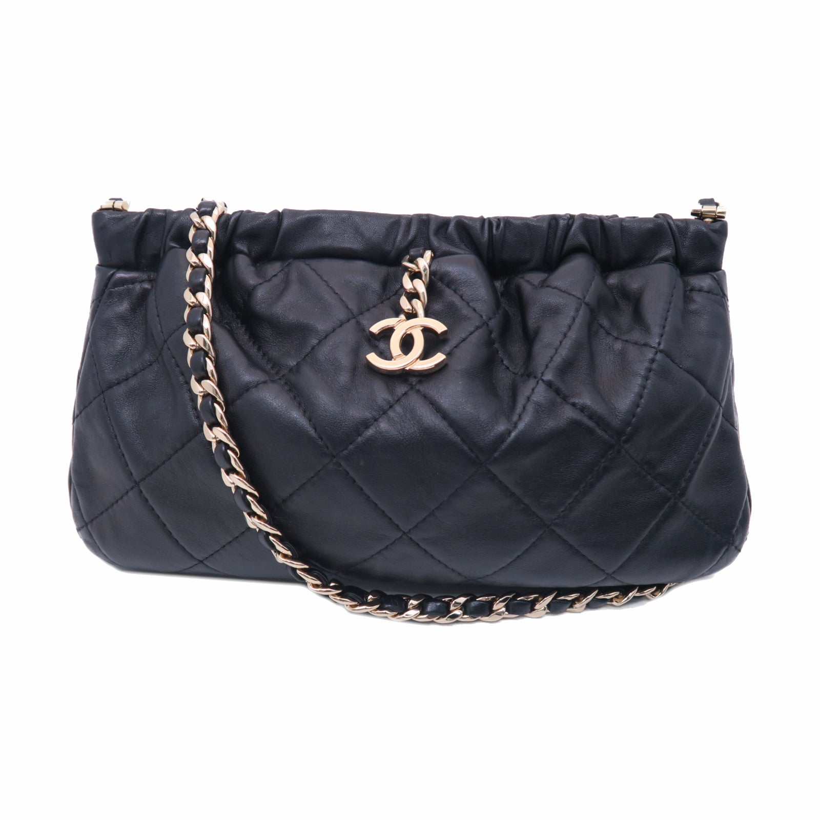 CHANEL 菱格羊皮皮革Chain Shoulder金扣鏈帶肩背袋黑色